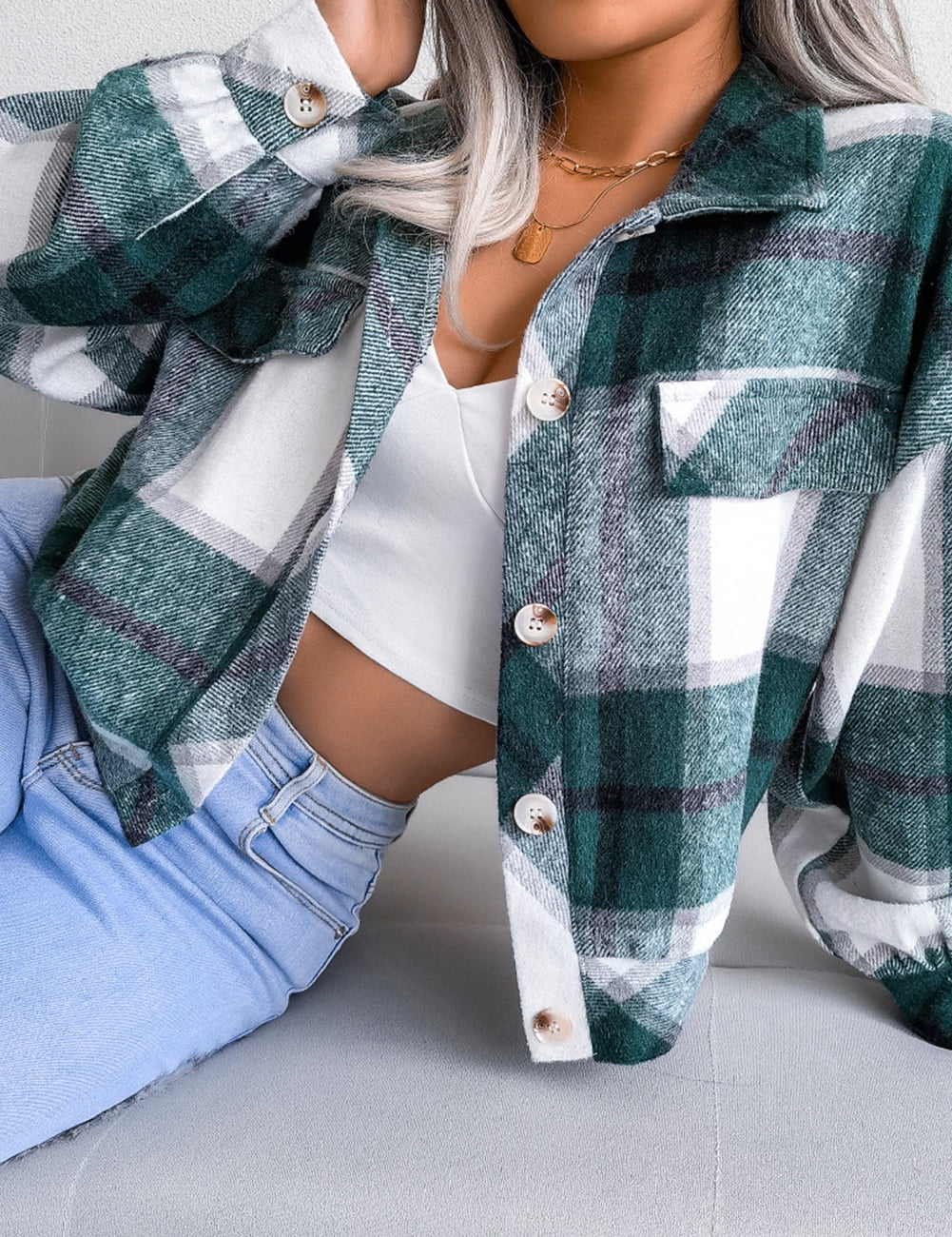 SEARIPE Women's Casual Plaid Fleece Crop Shirt Jacket Shacket Long Sleeve Button Lapel Jacket Coat with Pockets Green L