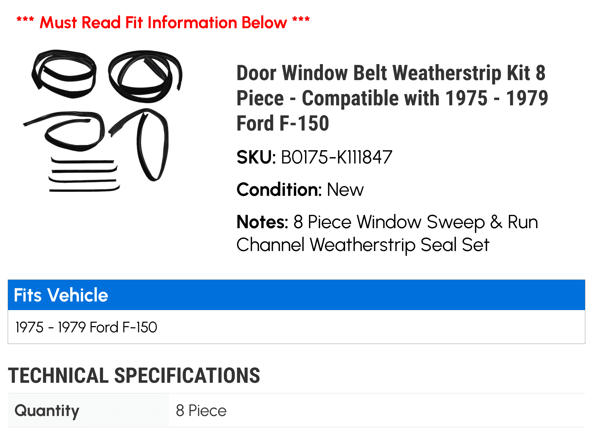 Door Window Belt Weatherstrip Kit 8 Piece - Compatible with 1975 - 1979 Ford F-150 1976 1977 1978