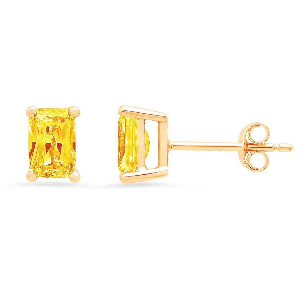 Clara Pucci 1.0 ct Brilliant Emerald Cut Solitaire Studs VVS1 Genuine Conflict free Yellow Natural Citrine Real Stamped Solid 18K Yellow Gold Earrings Push back