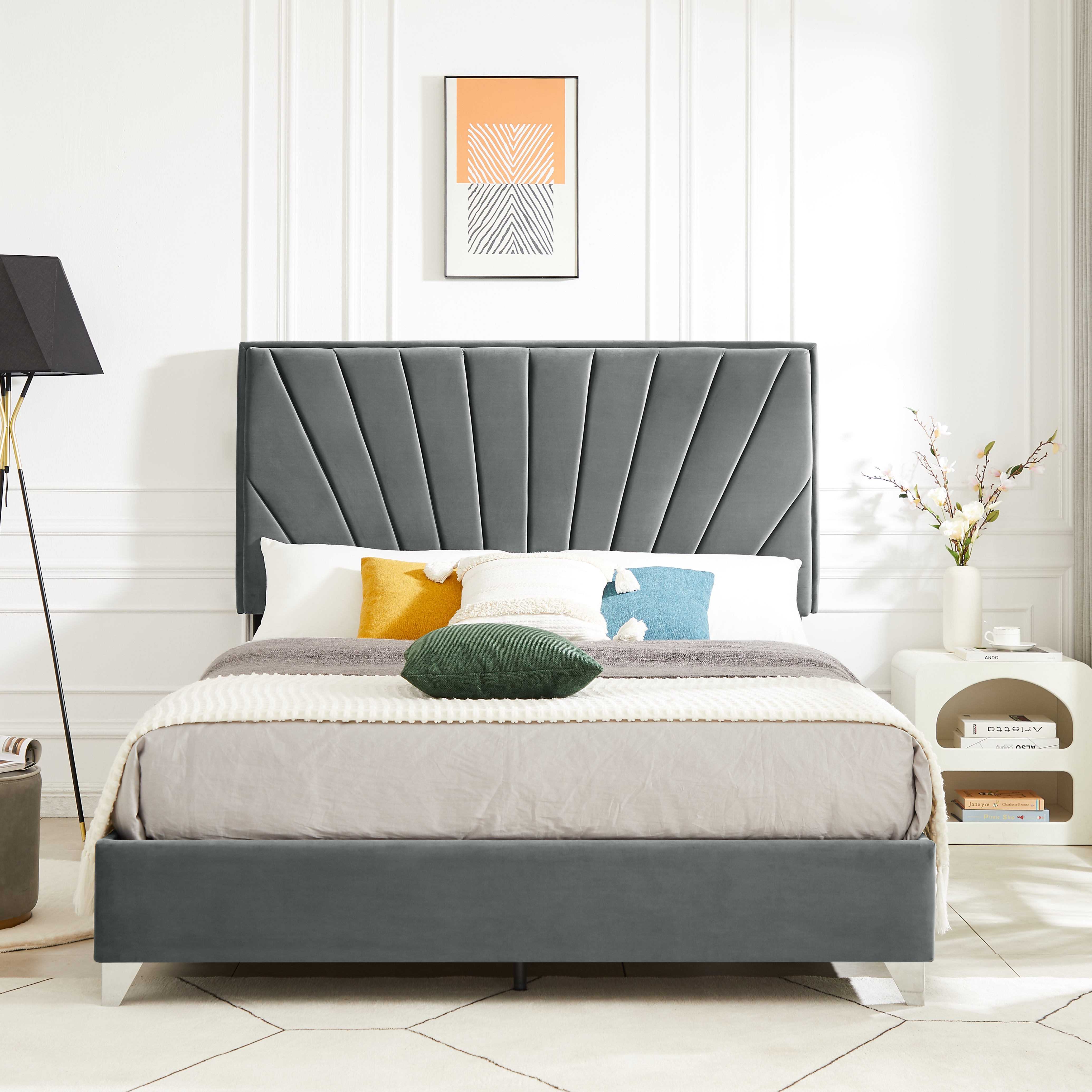 LANTRO JS B108 Full bed Beautiful line stripe cushion headboard, strong wooden slats + metal support feet, Gray Flannelette