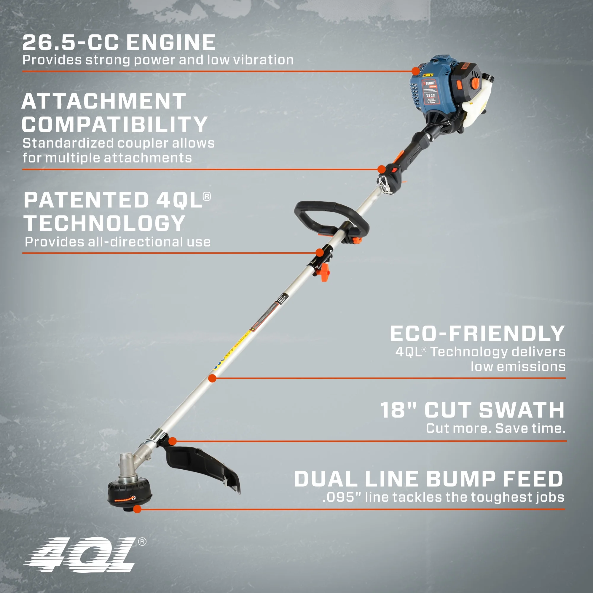 SENIX 17.7-Inch 31 cc 4-Cycle Gas Powered String Trimmer, Straight Shaft, Dual .095 Line and Bump Feed, GTS4QL-M2