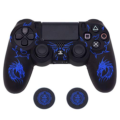 Controller Skin for PS4, BRHE Anti-Slip Grip Silicone Cover Protector Case Compatible with PS4 Slim/PS4 Pro Wireless/Wired Gamepad Controller with 2 Dragon Carving Thumb Grip Caps Blue