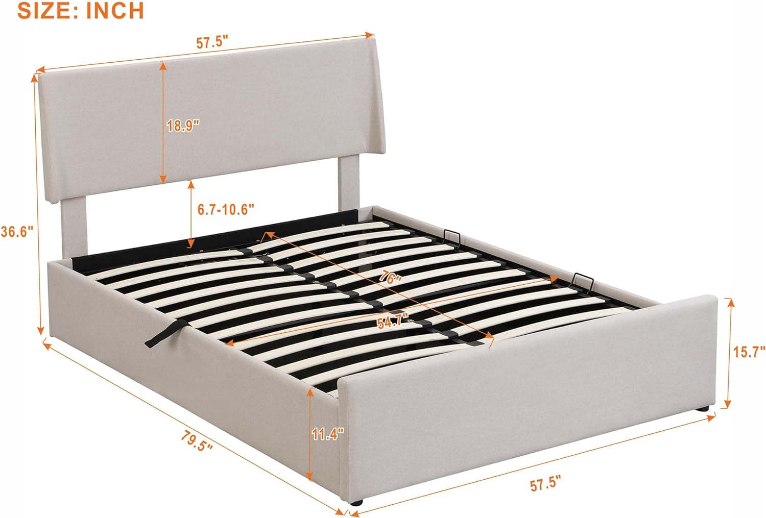 Luxurious Linen Upholstery Full Size Platform Bed with Side-Tilt Hydraulic Storage System, Timeless Sleigh Bed with Wingback Headboard, Space Saving