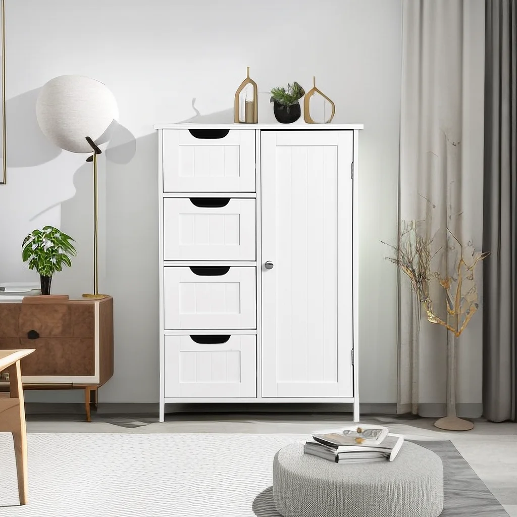 4 Drawer Dresser for Bedroom, White Chest of Drawers with Door for Children , Modern Storage Cabinet, Wood Organizer for Living Room Nursery Bathroom
