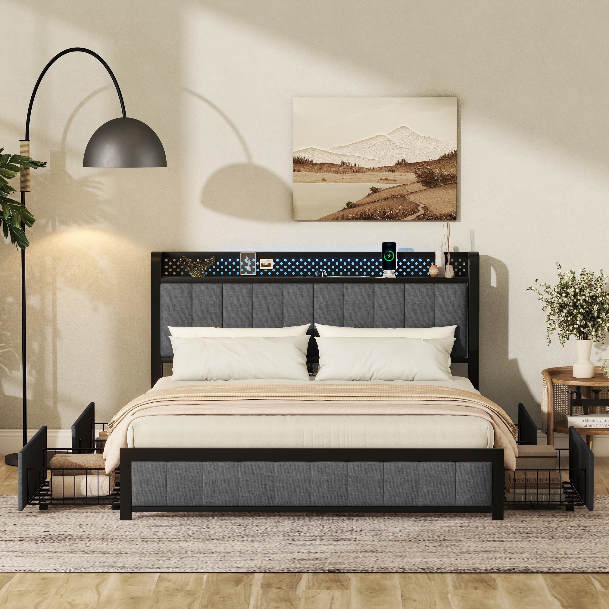 Bellemave Queen Size Bed Frame, LED Platform Bed Frame with Storage Headboard & Charging Station, Upholstered Bed with 4 Storage Drawers, Heavy Duty Metal Frame,Dark Gray