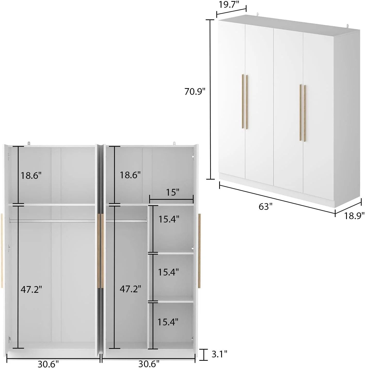 Large Wardrobe Armoire Closet with 4 Doors, Freestanding Wardrobe Cabinet for Hanging Clothes, Bedroom Armoire Dresser Wardrobe Clothes Organizer, 4-Door White (63