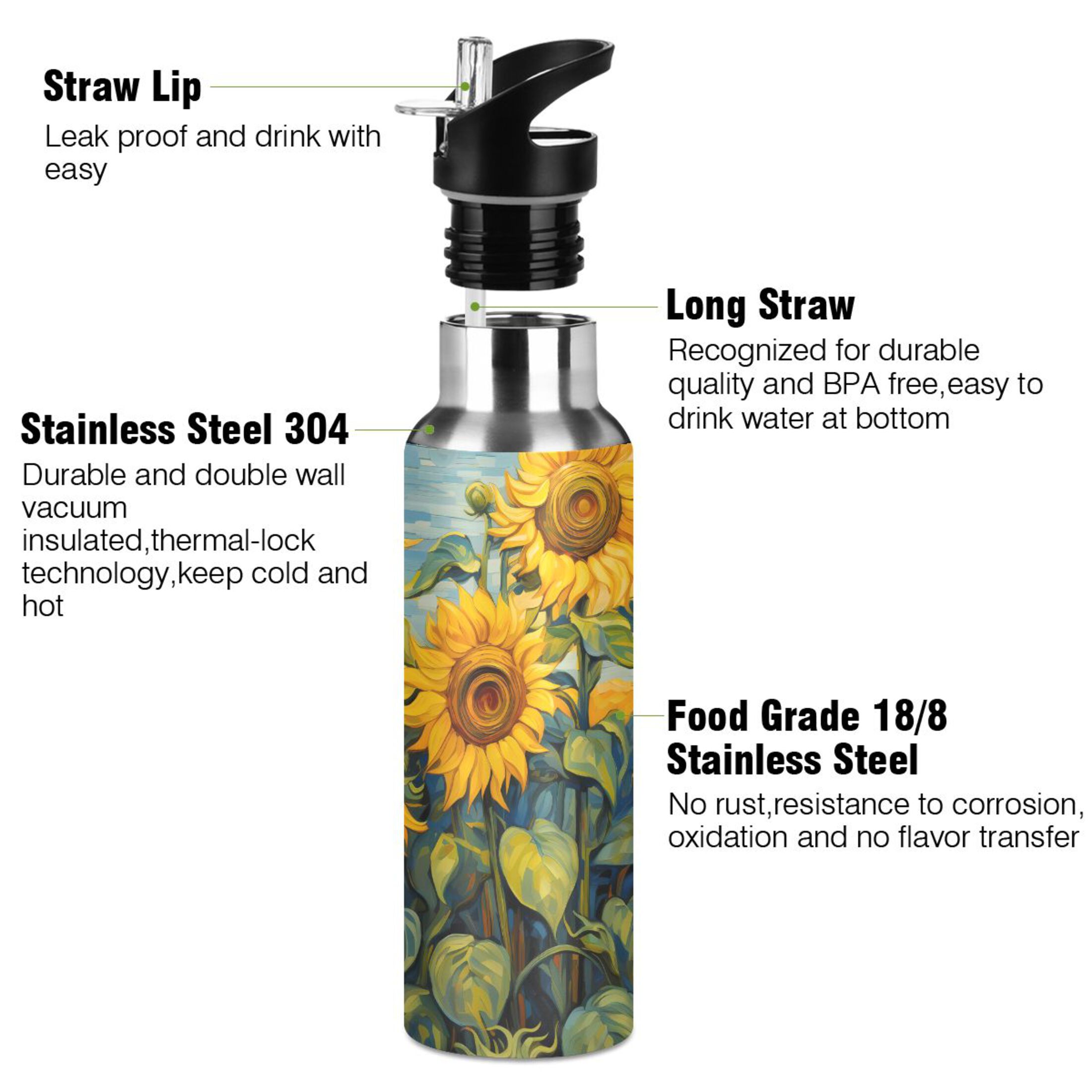 Sunflowers and Moon Water Bottles Insulated Thermos Kids Stainless Steel Bottle with Straw Lid Flask Leakproof for Sports Gym 20 oz