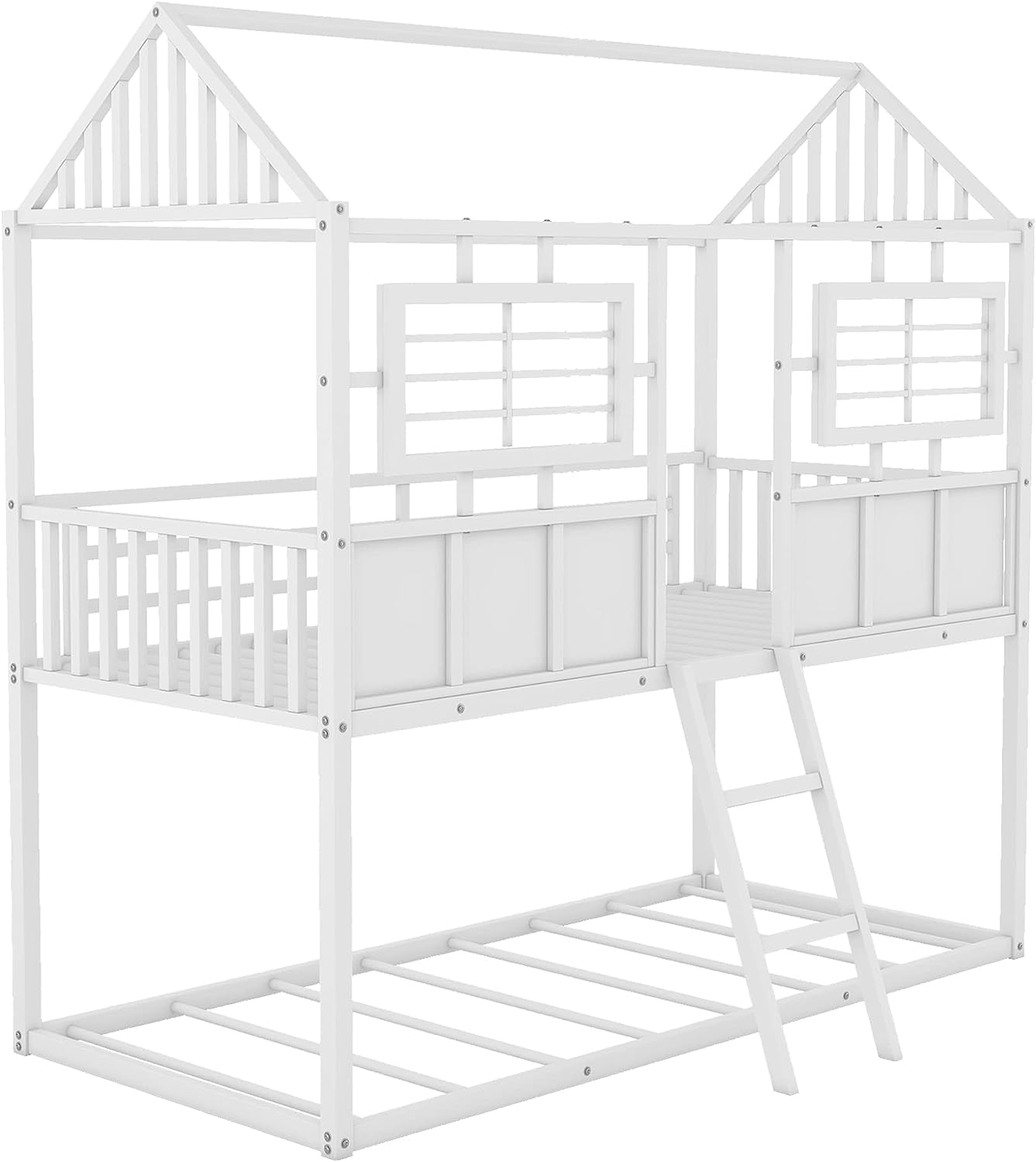 Twin Over Twin Size Metal Low Bunk Beds with Roof and Fence-Shaped Guardrail
