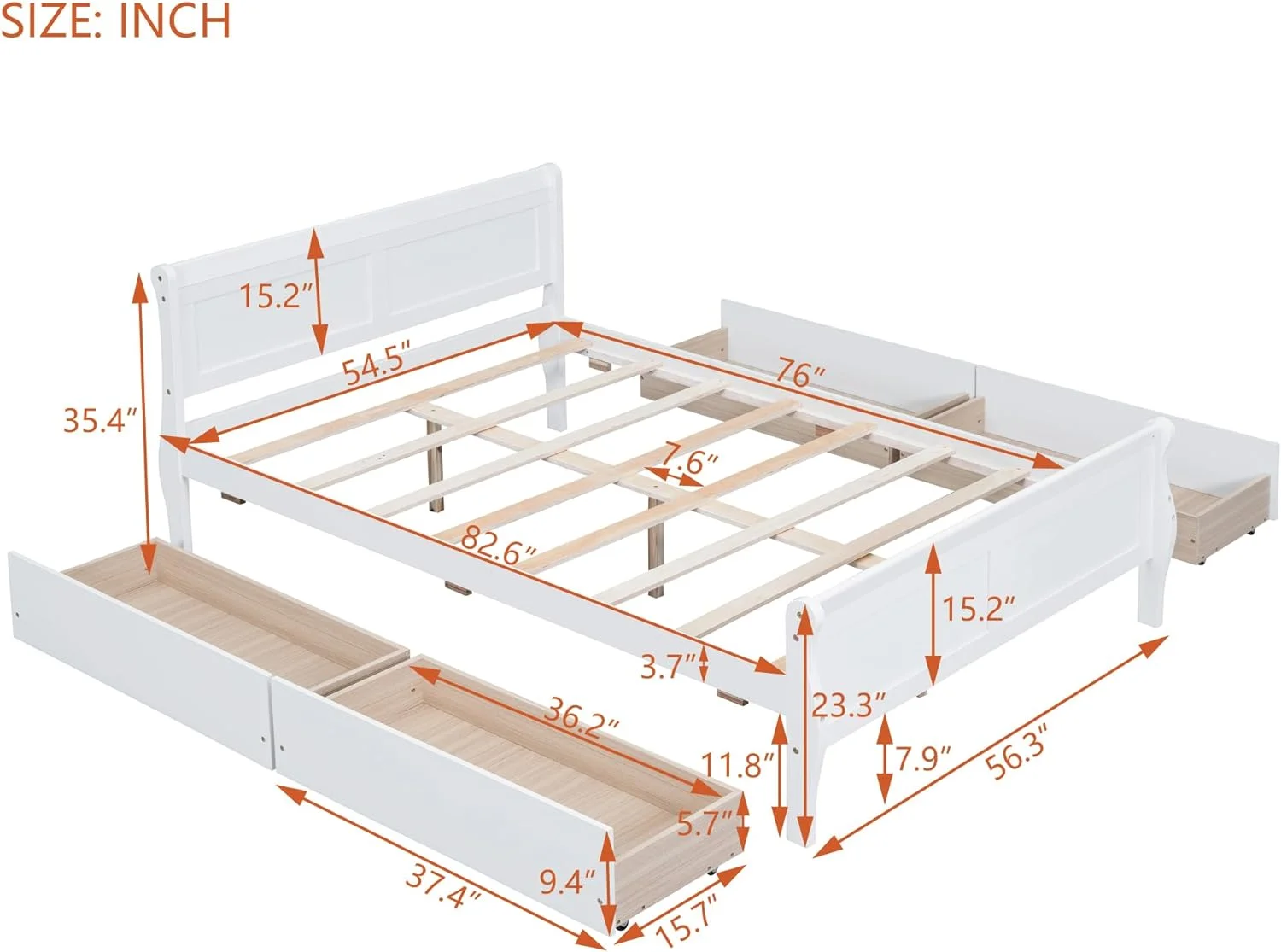Wood Platform Bed, Full Size Platform Bed With 4 Storage Drawers, Platform Bed With Head Ad Footboard, White