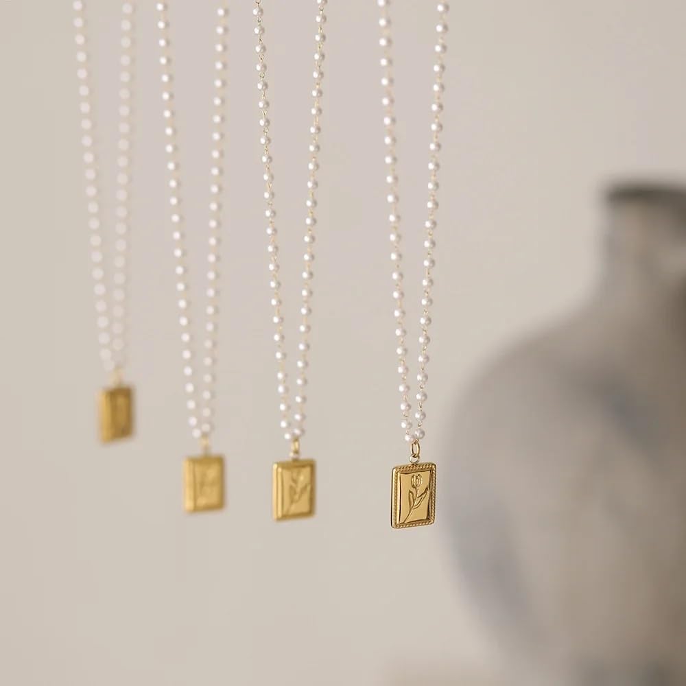 Tulip Flower Square Pendant Pearl 18K Gold Plated Chain Necklace,Gothic Pearl Beaded Strand Necklace