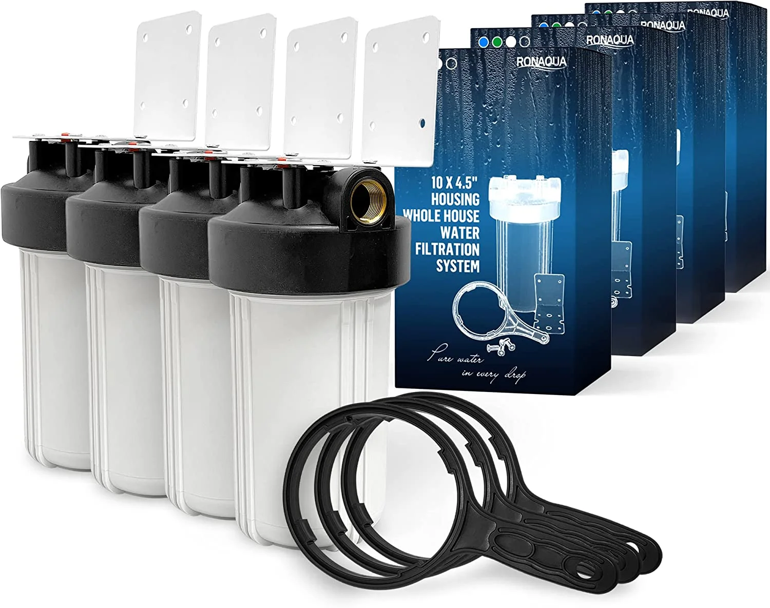 High Capacity 10 x 4.5” Whole House Filter Purifier System for Well or City Water, Presser Relief Button, 1” NPT Brass Port, Double O-ring, Meets NSF Standards & Regulations (White, 4 Sets)