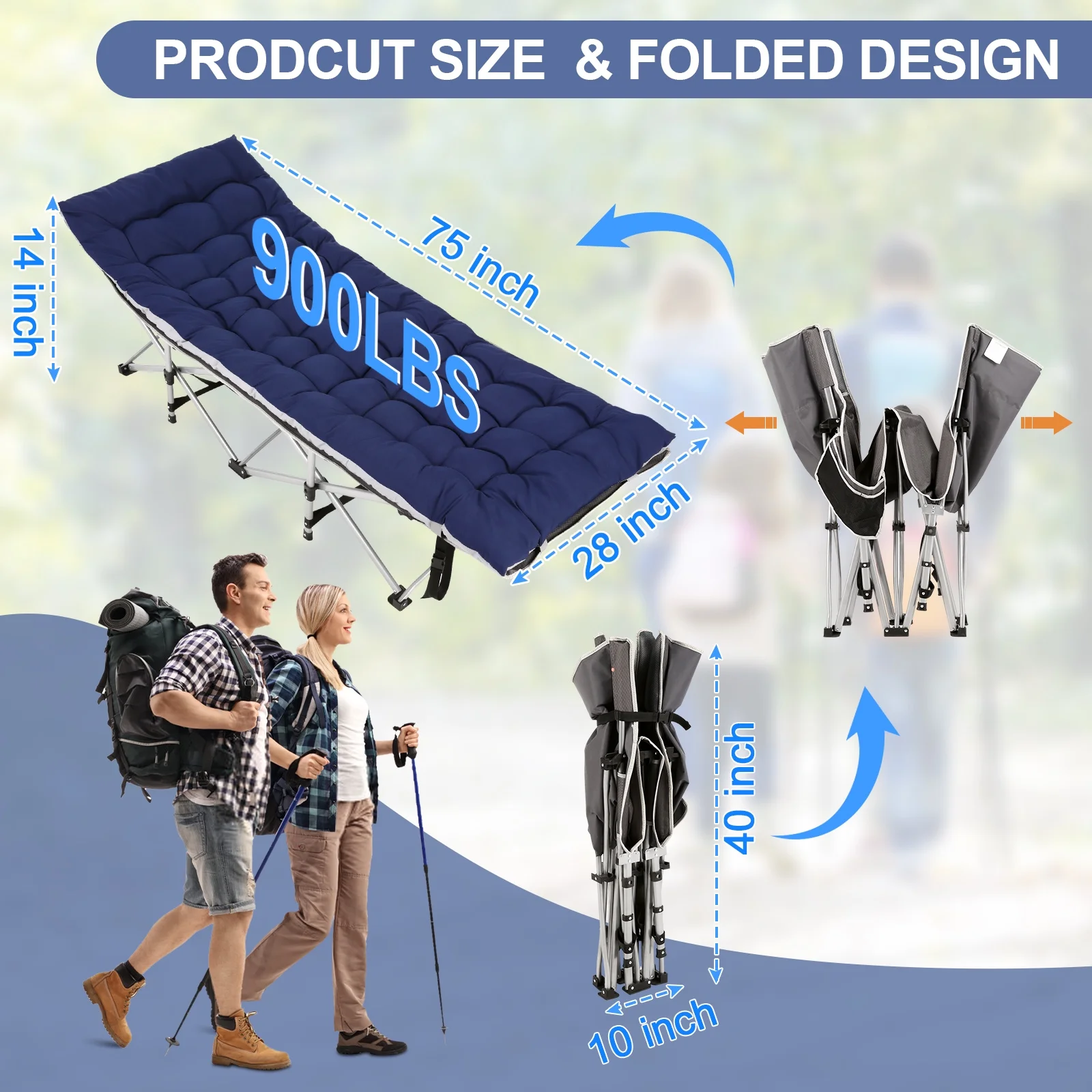 Folding Camping Cot Bed, Portable Folding Bed with 3.3 in Mattress & Carry Bag Heavy Duty Outdoor Camping Cot for Adults 900 lbs with Side Pockets