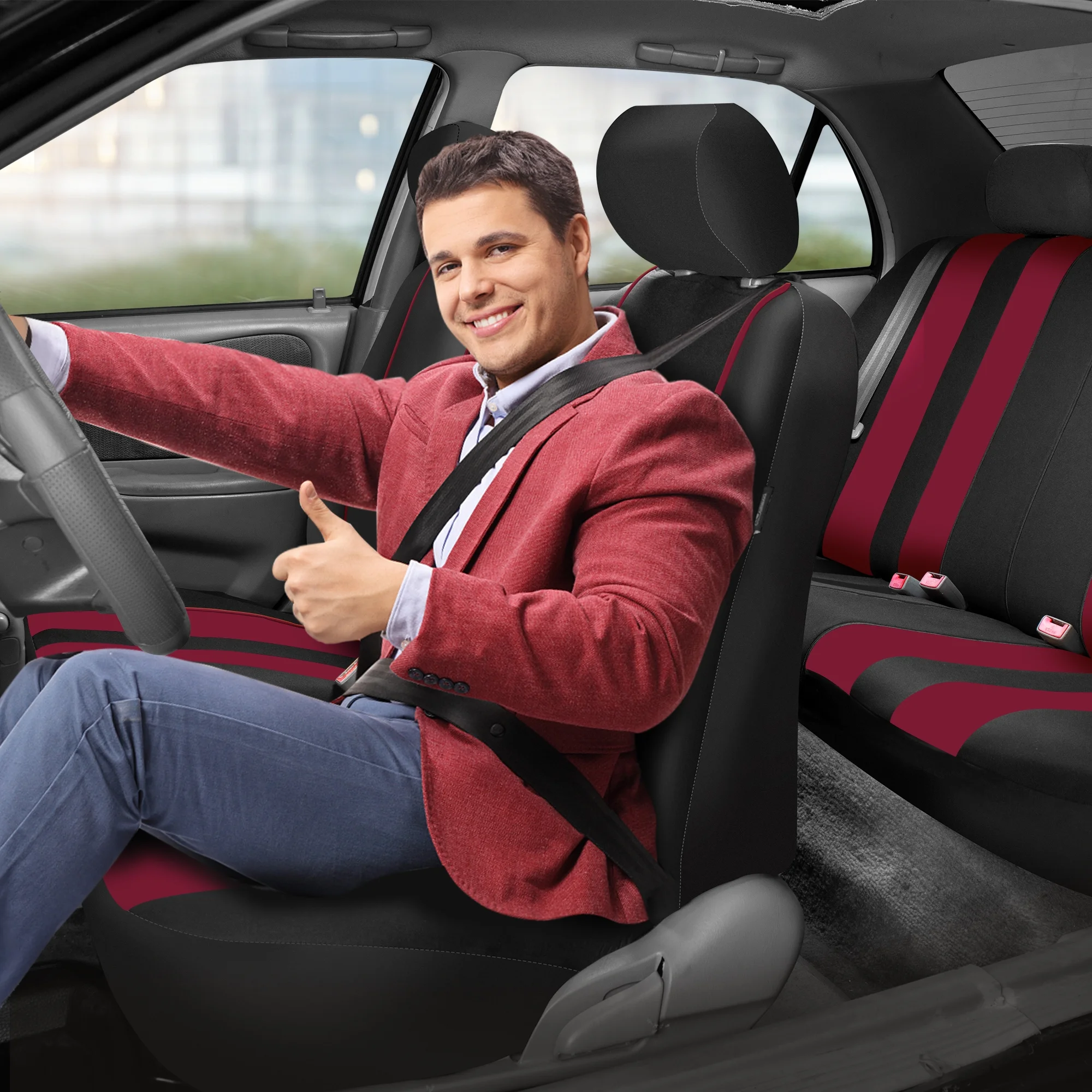 FH Group Universal Fit Cloth Striking Striped Car Seat Covers for Auto, SUV, VAN Airbag Compatible, Easy to Install, UV-Resistant & Durable - Full Set