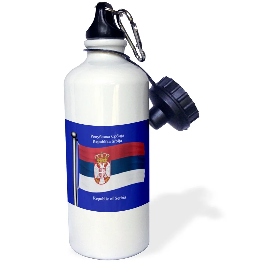 3dRose The flag of Serbia on a blue background with Republic of Serbia in English and Serbian, Sports Water Bottle, 21oz