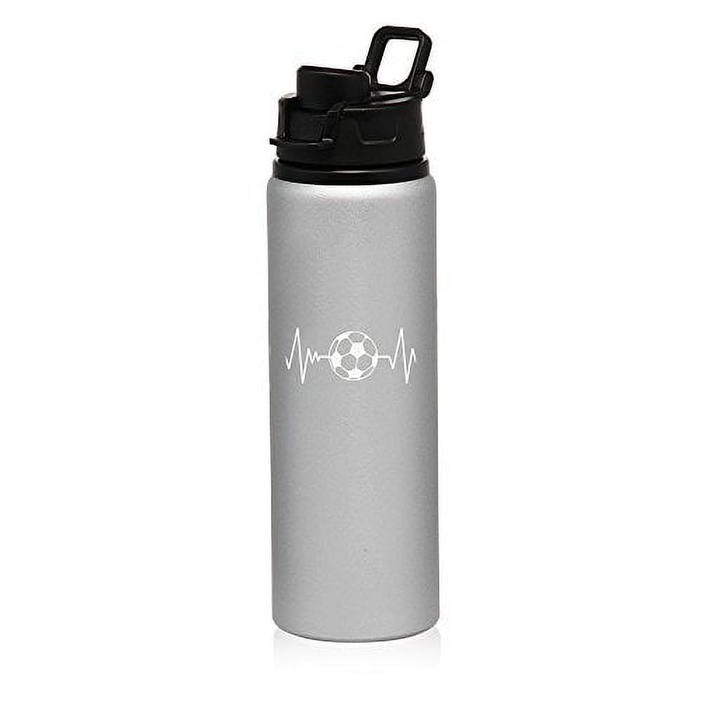 25 oz Aluminum Sports Water Travel Bottle Heart Beats Soccer (Silver)