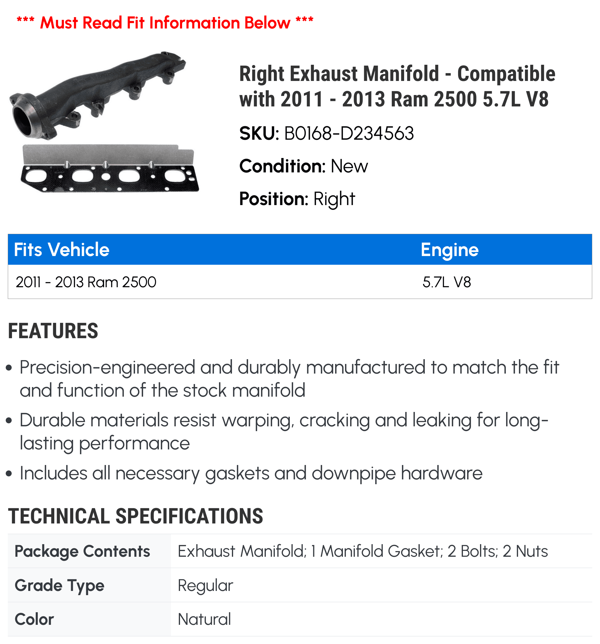 Right Exhaust Manifold - Compatible with 2011 - 2013 Ram 2500 5.7L V8 2012