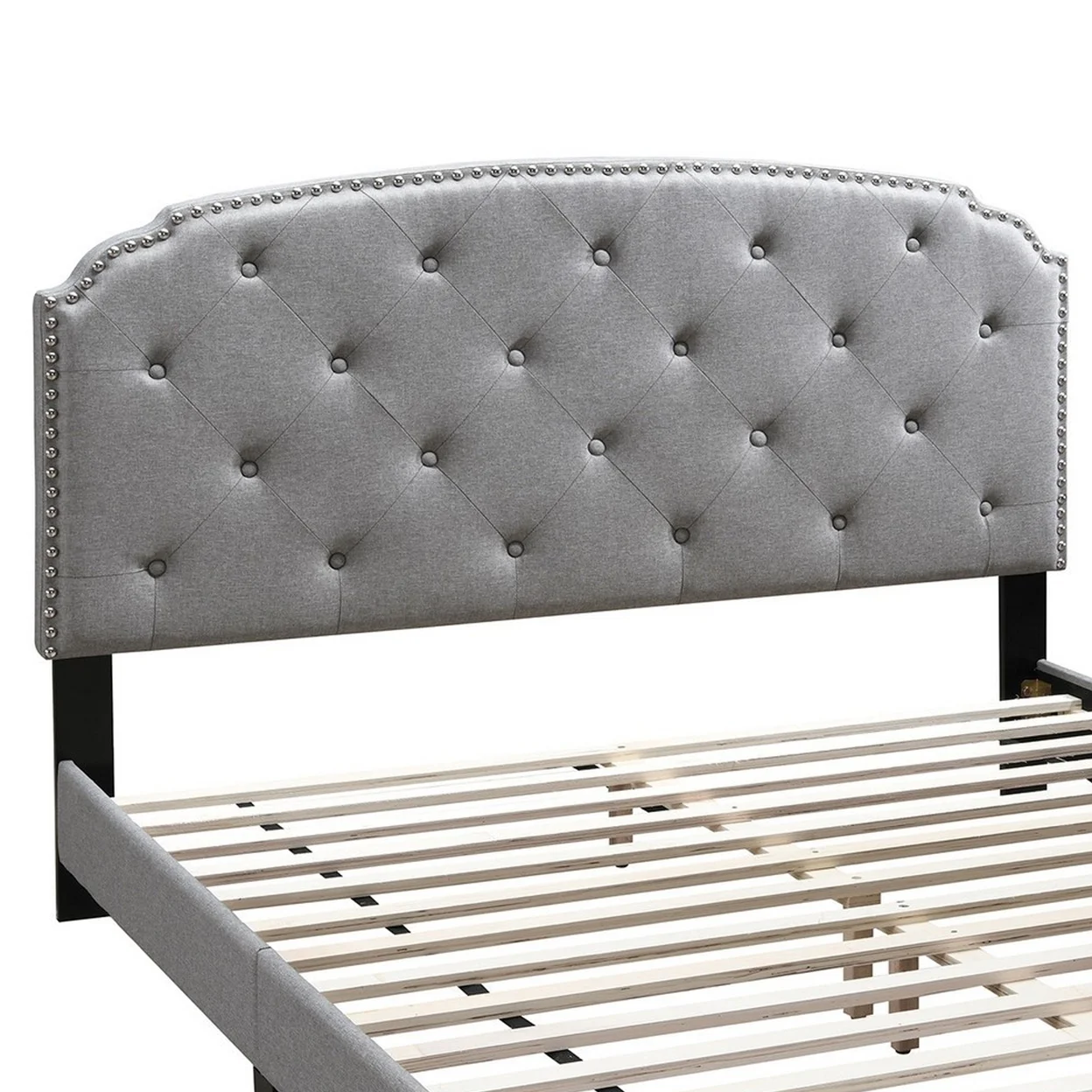 Queen Bed with Button Tufted Scalloped Headboard Light Gray- Saltoro Sherpi