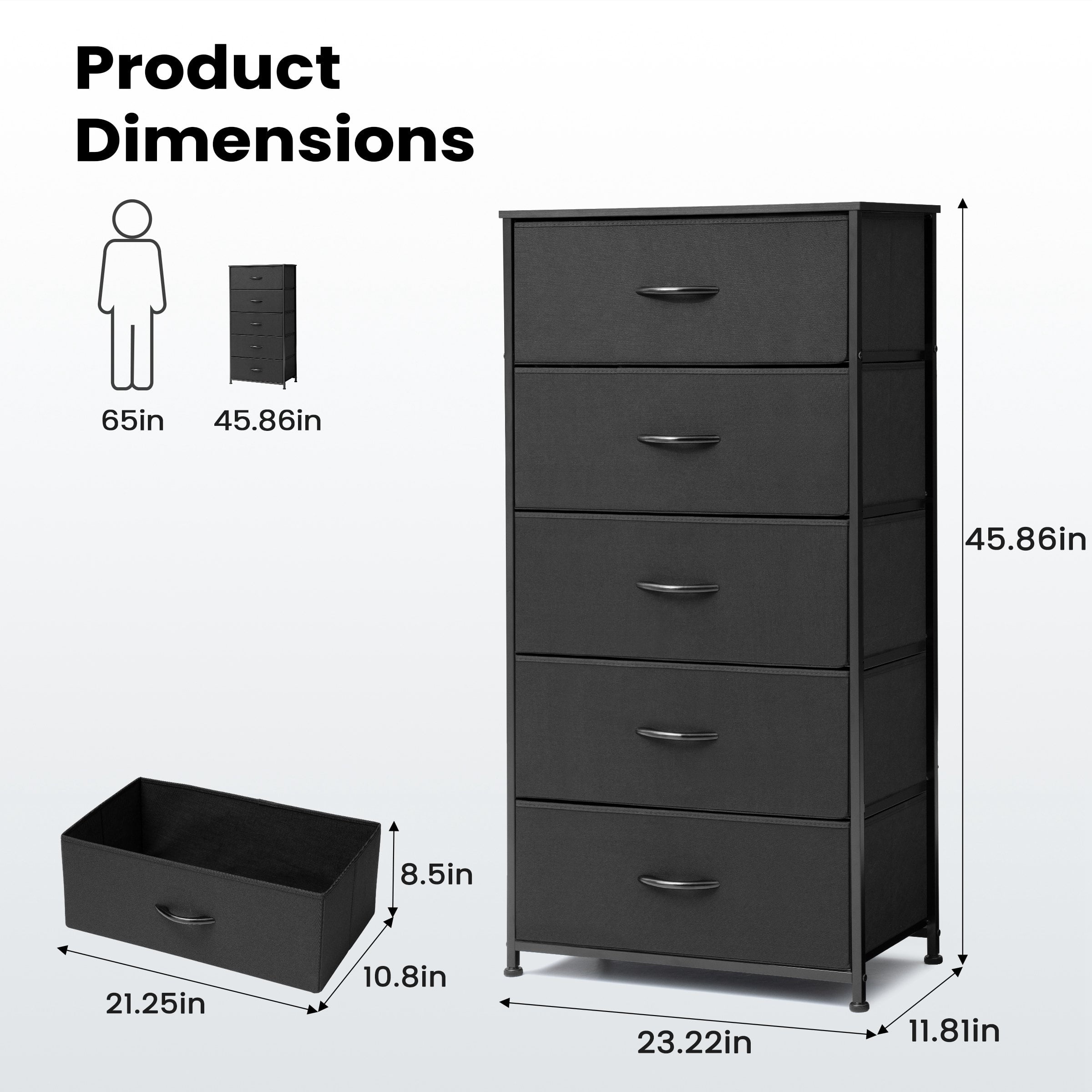 Pellebant  Fabric Vertical Dresser Storage Chest Tower with 5 Drawers Black Dark Wood