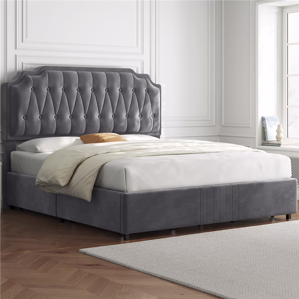 Easyfashion Upholstered Platform Bed Frame with Adjustable Headboard,Queen,Dark Gray