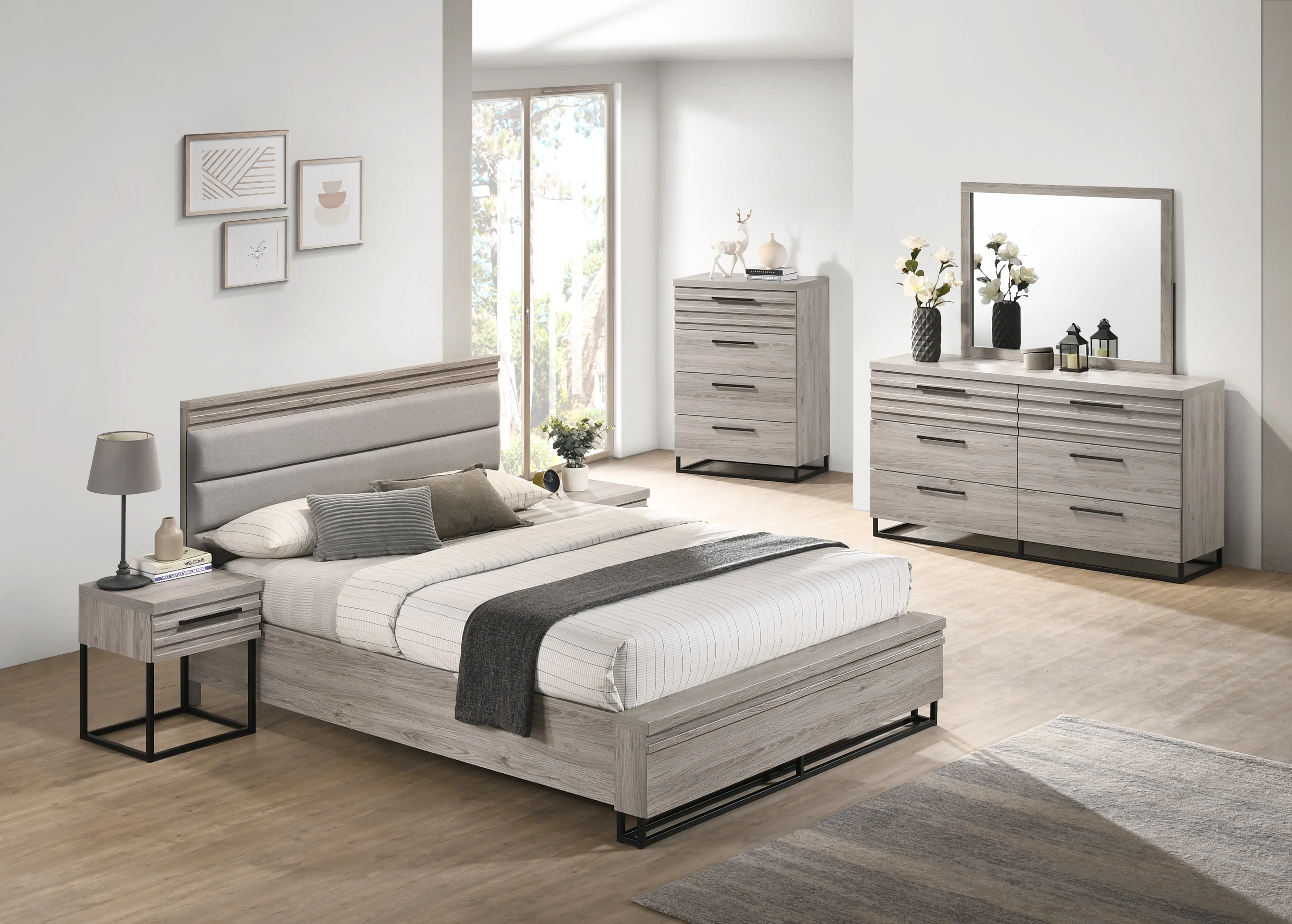 Roundhill Furniture Alvear Upholstered Wood Panel Bed, Dresser, Mirror, 2 Nightstands, and Chest, Weathered Gray, Queen