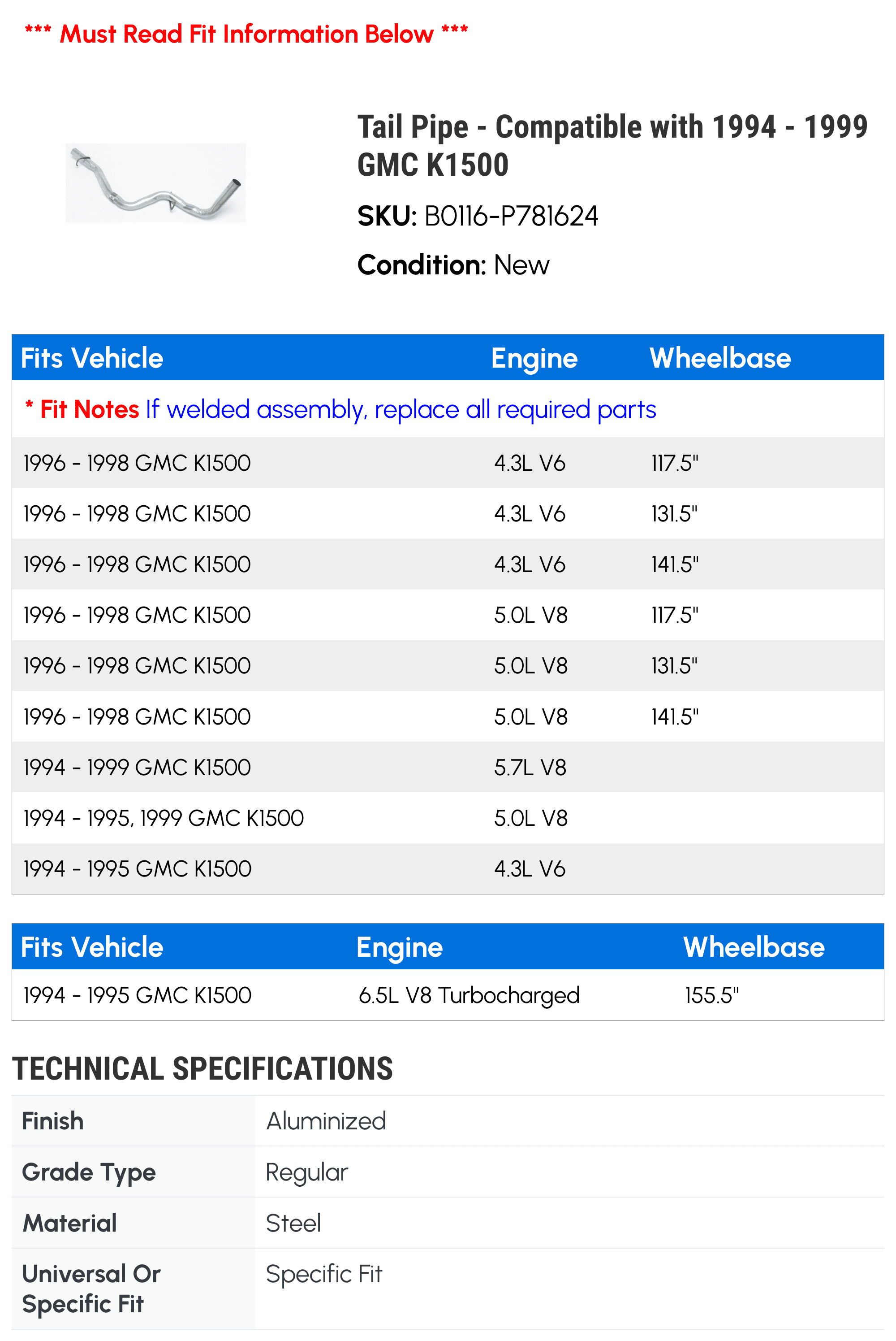 Tail Line - Compatible with 1994 - 1999 GMC K1500 1995 1996 1997 1998