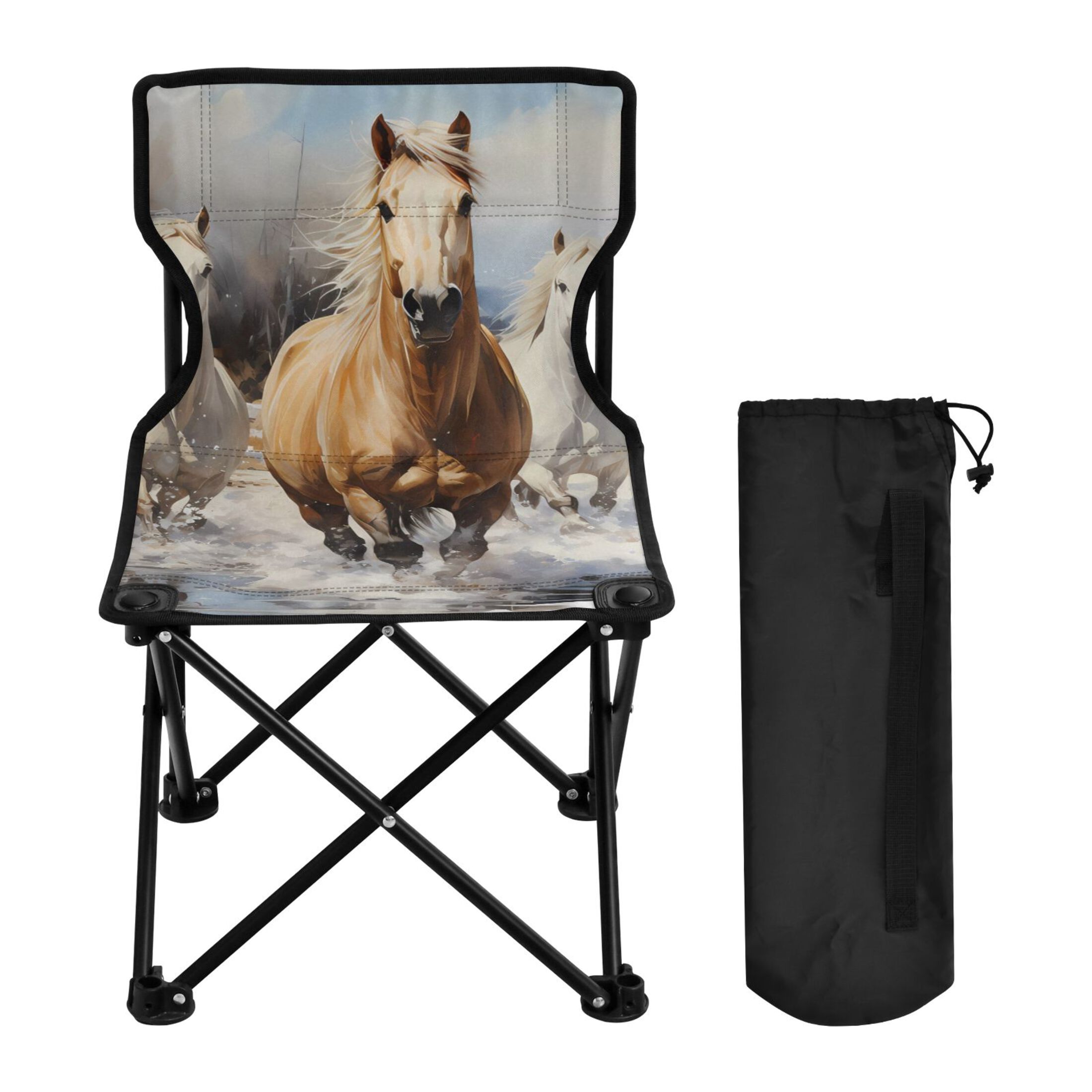 Horses in Winter Portable Camping Chair Outdoor Folding Beach Chair Fishing Chair Lawn Chair with Carry Bag Support to 220LBS