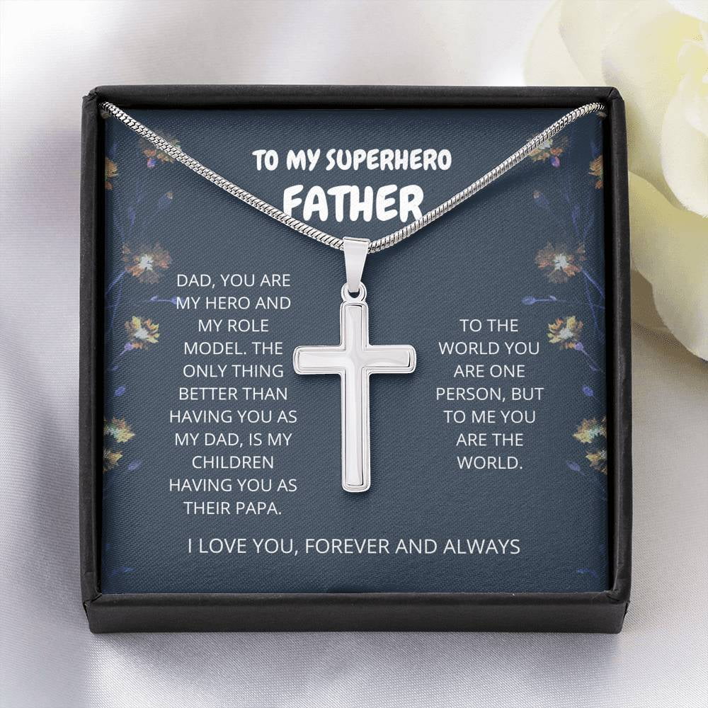 Father - My Hero - Artisan Cross Necklace, Dad, Father's Day, Birthday Gift