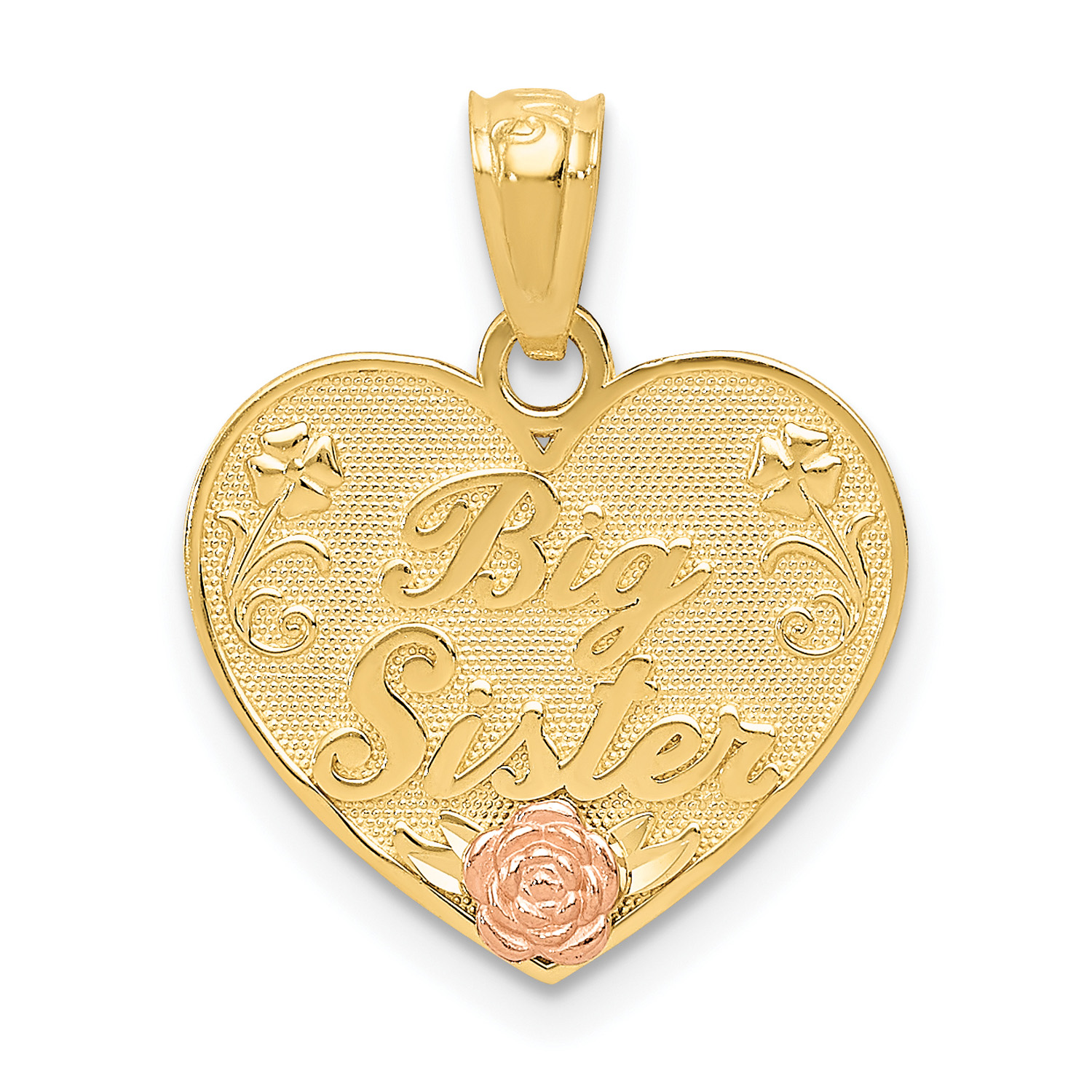 Carat in Karats 14K Two-Tone Gold Two-Tone Big Sister Heart Pendant (20mm X 15mm) With 14K Yellow Gold Light Weight Rope Chain 16