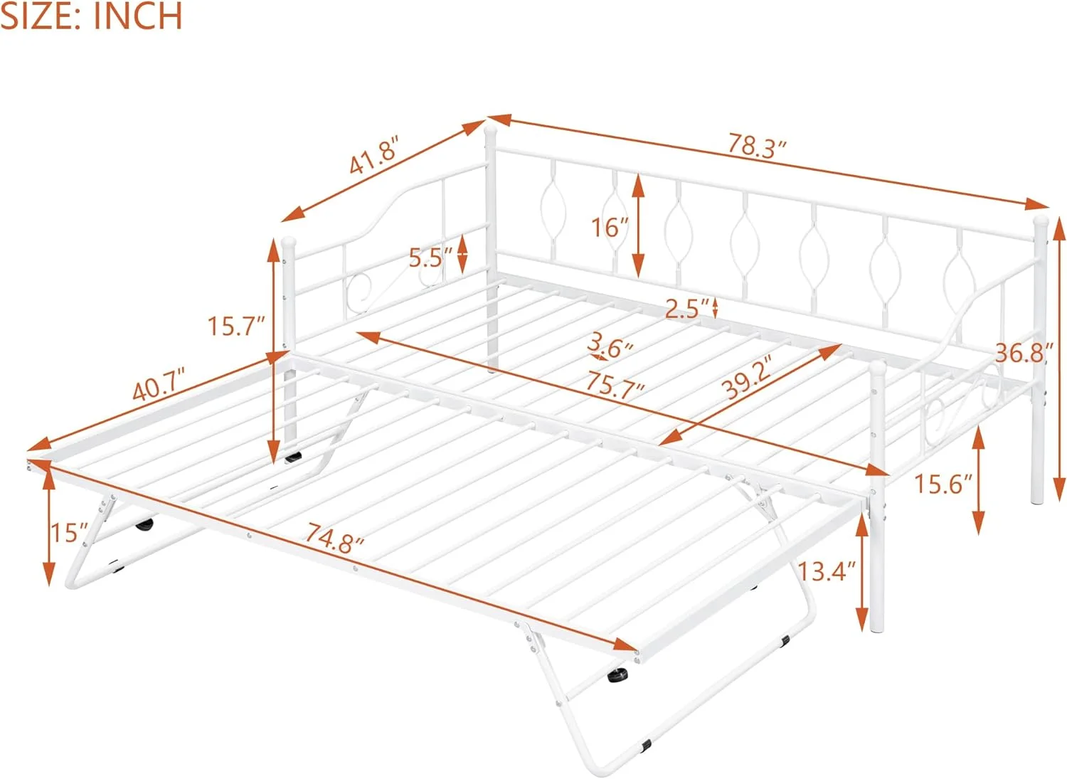 Metal Daybed With Adjustable Trundle Bed, Heavy-Duty Steel Daybed With Pull Down Trundle Bed Space Saving Design (Portable Folding Trundle, White)