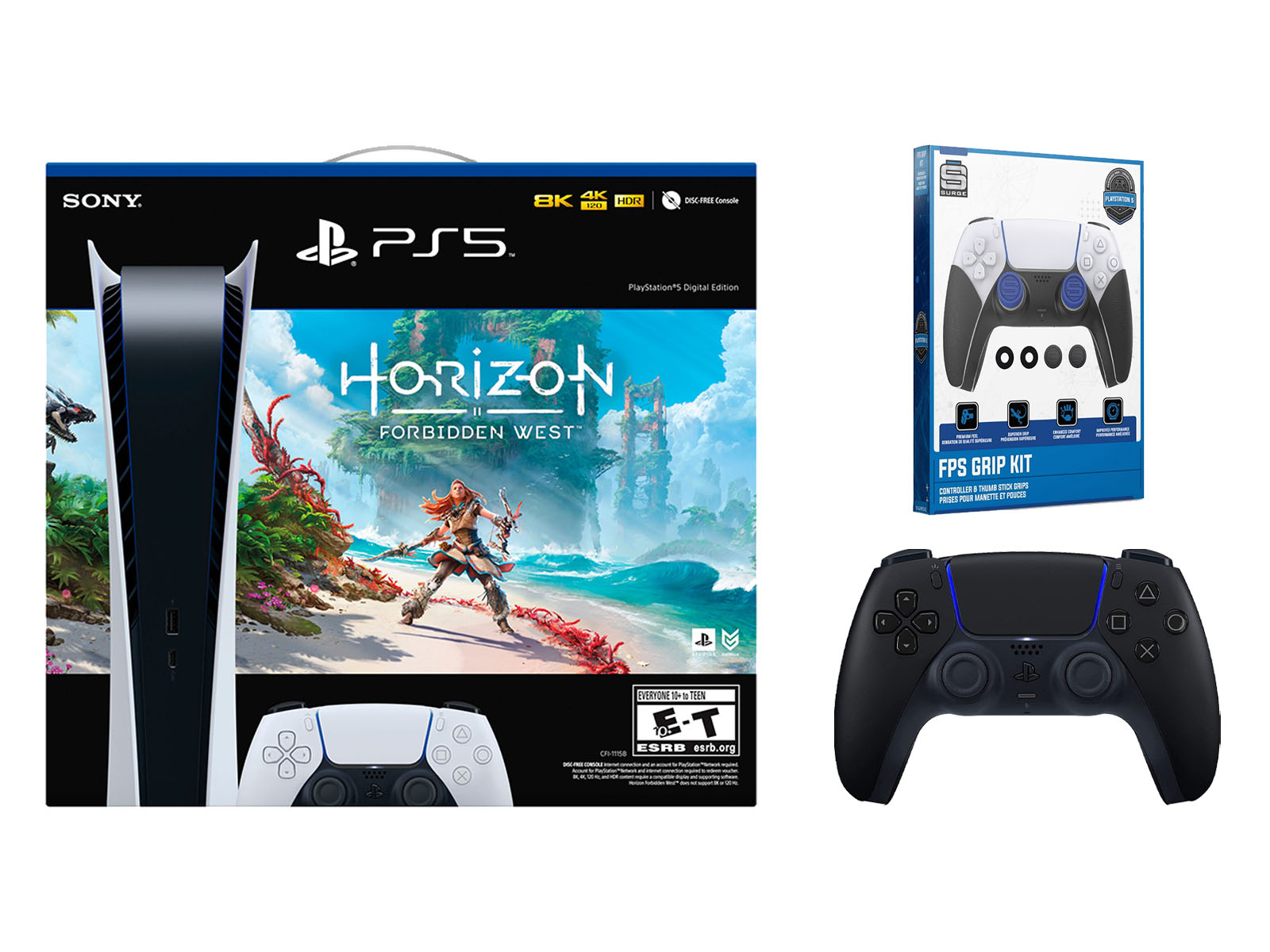 Sony PlayStation 5 Digital Edition Horizon Forbidden West Bundle with Extra Controller and Grip Kit - Midnight Black
