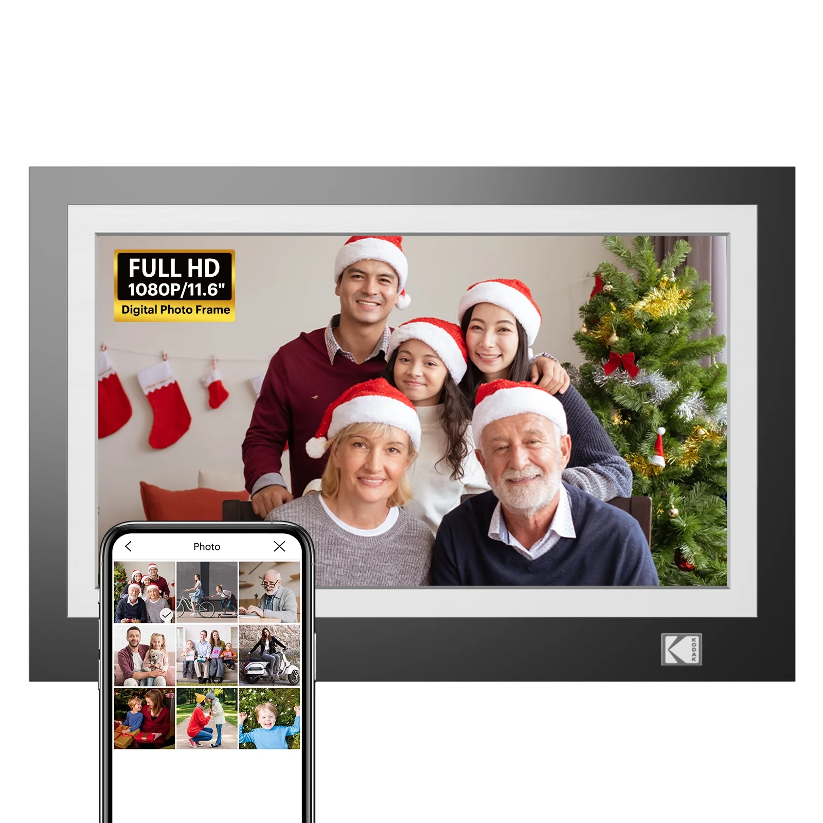 KODAK FHD Digital Photo Frame，11.6-inch Wood Tone Frame with Wi-Fi Enabled，Black