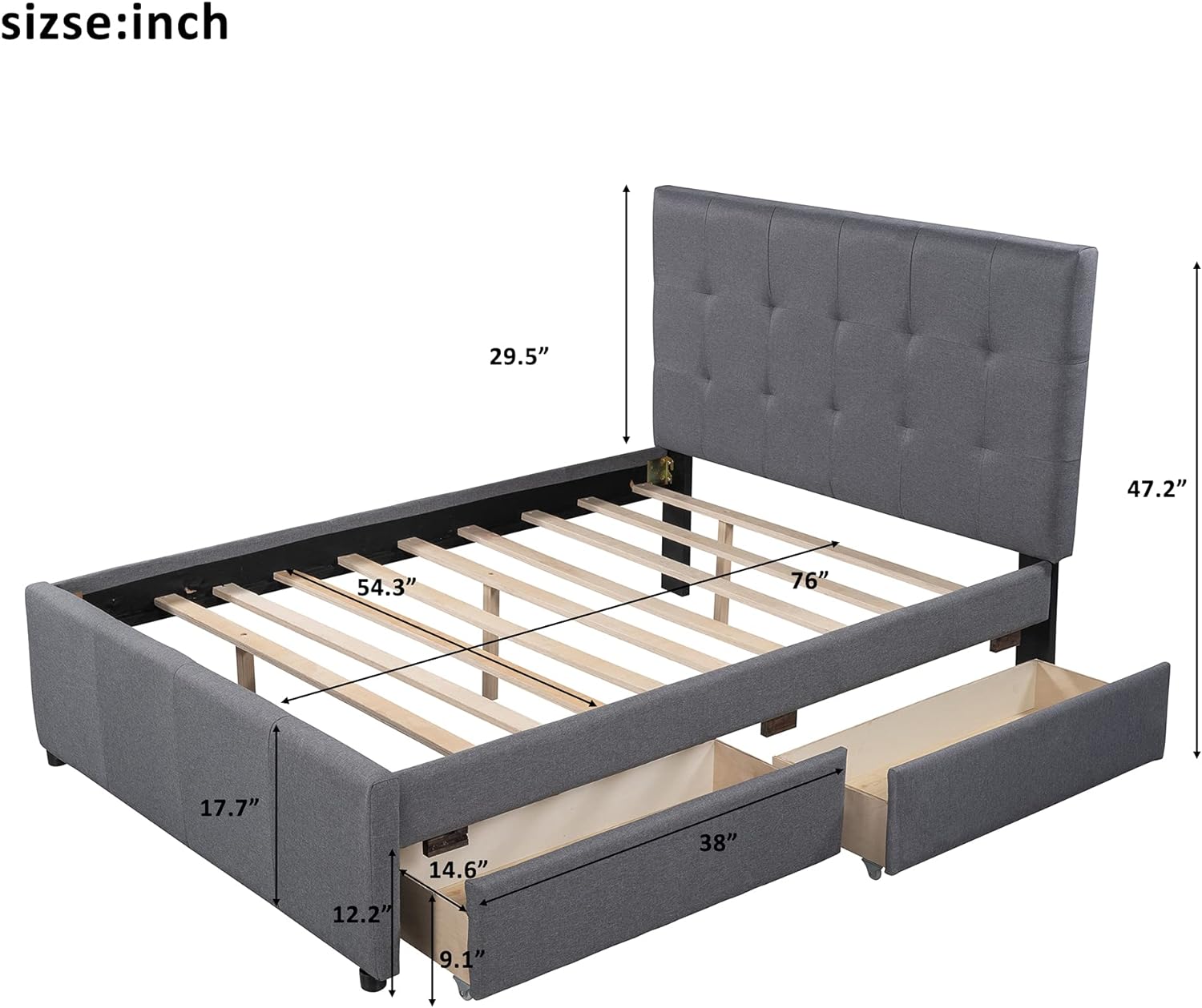 Upholstered Full Platform Bed Frame With Headboard And Footboard, Linen Daybed With Two Drawers For Kids Teens (Full, With Drawers)
