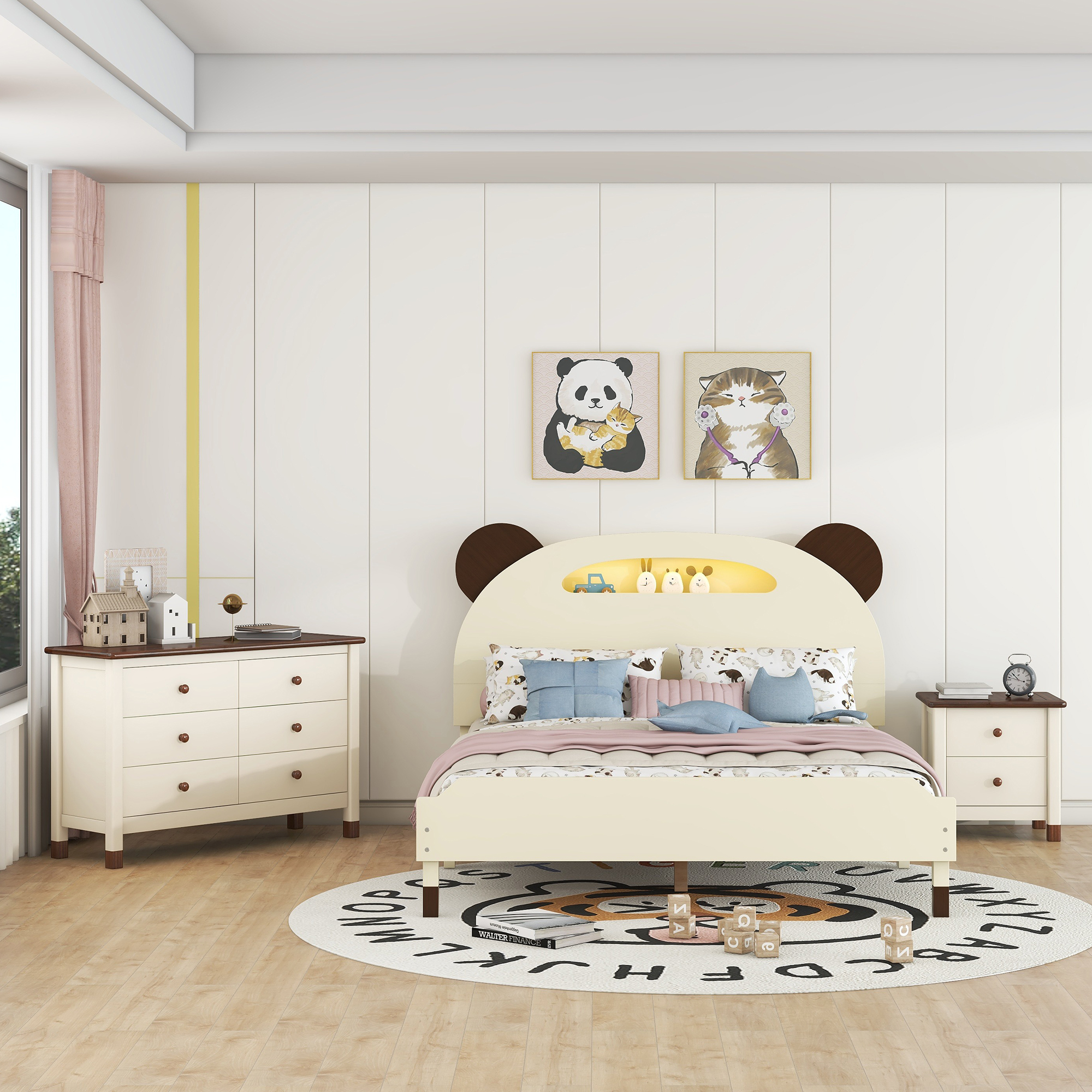 CoSoTower 3-Pieces Bedroom Sets Full Size Bear-Shape Platform Bed with Nightstand and Storage Dresser,Cream+Walnut