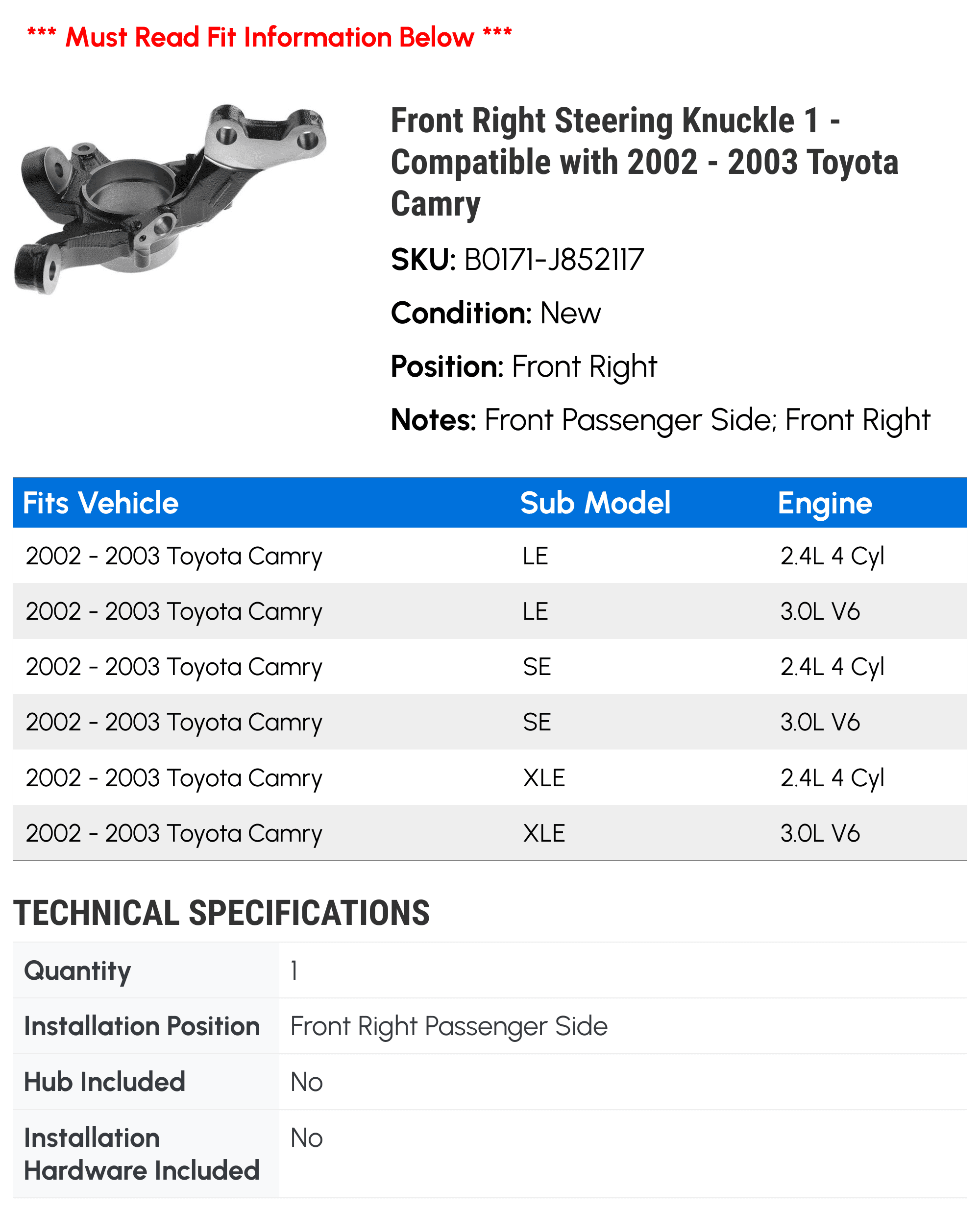 Front Right Steering Knuckle 1 - Compatible with 2002 - 2003 Toyota Camry