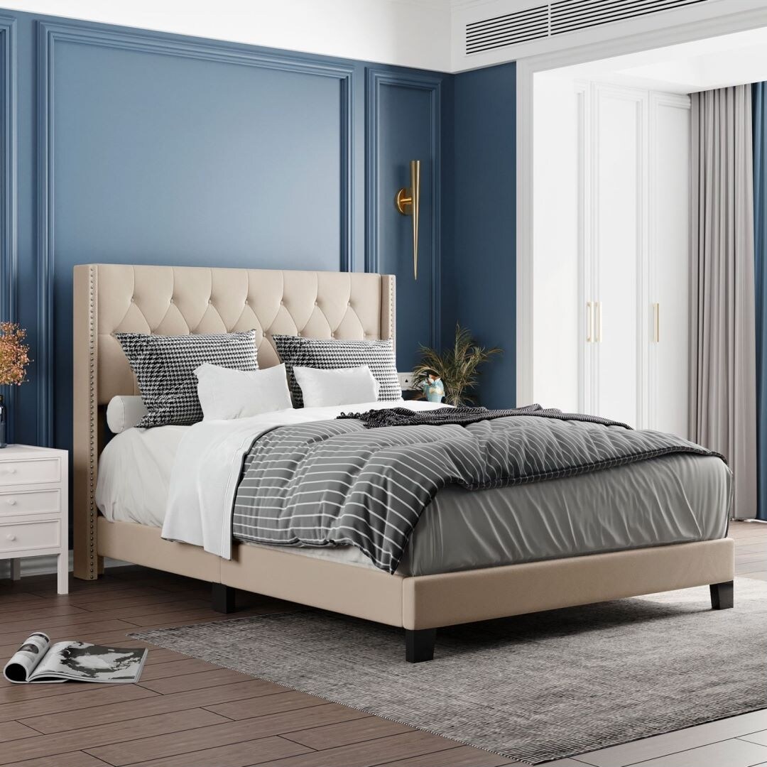 Beige Queen Size Upholstered Platform Bed with Classic Headboard
