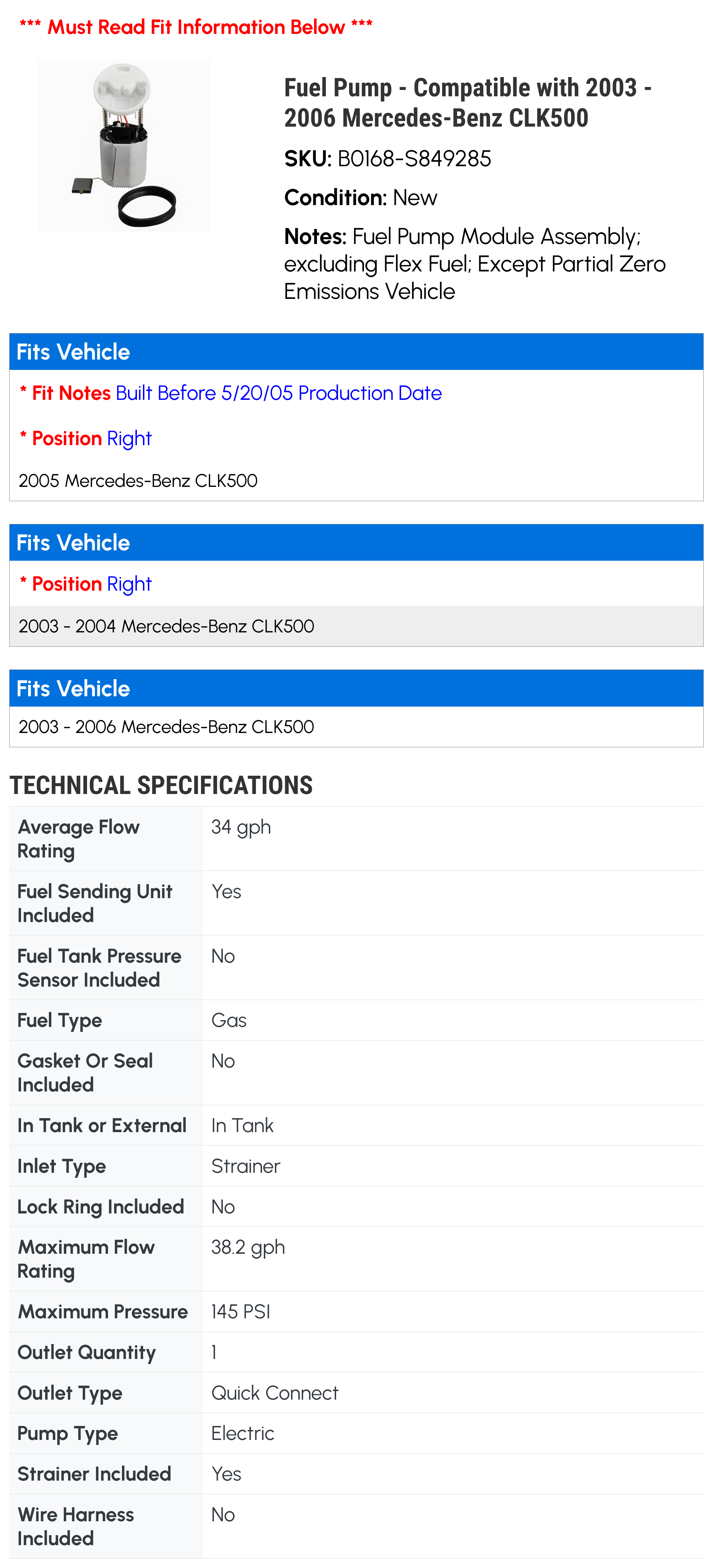 Fuel Pump - Compatible with 2003 - 2006 Mercedes-Benz CLK500 2004 2005