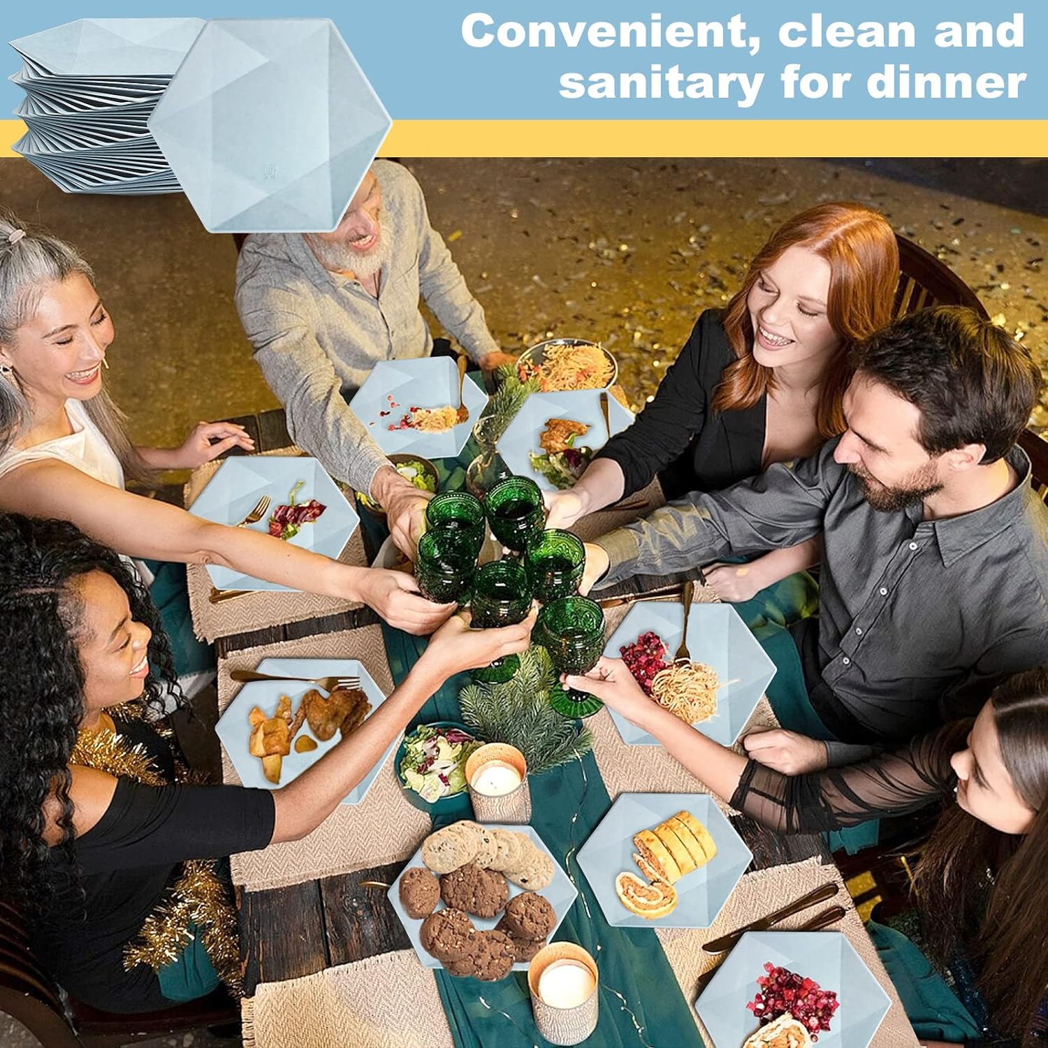 VIPMOON 8inch 30Count Disposable Paper Plates - Hexagonal Blue Salad Plate - 100% Biodegradable Appetizer Cake Plate - Disposable Paper Plate for Wedding, Birthday and Family Party Plates