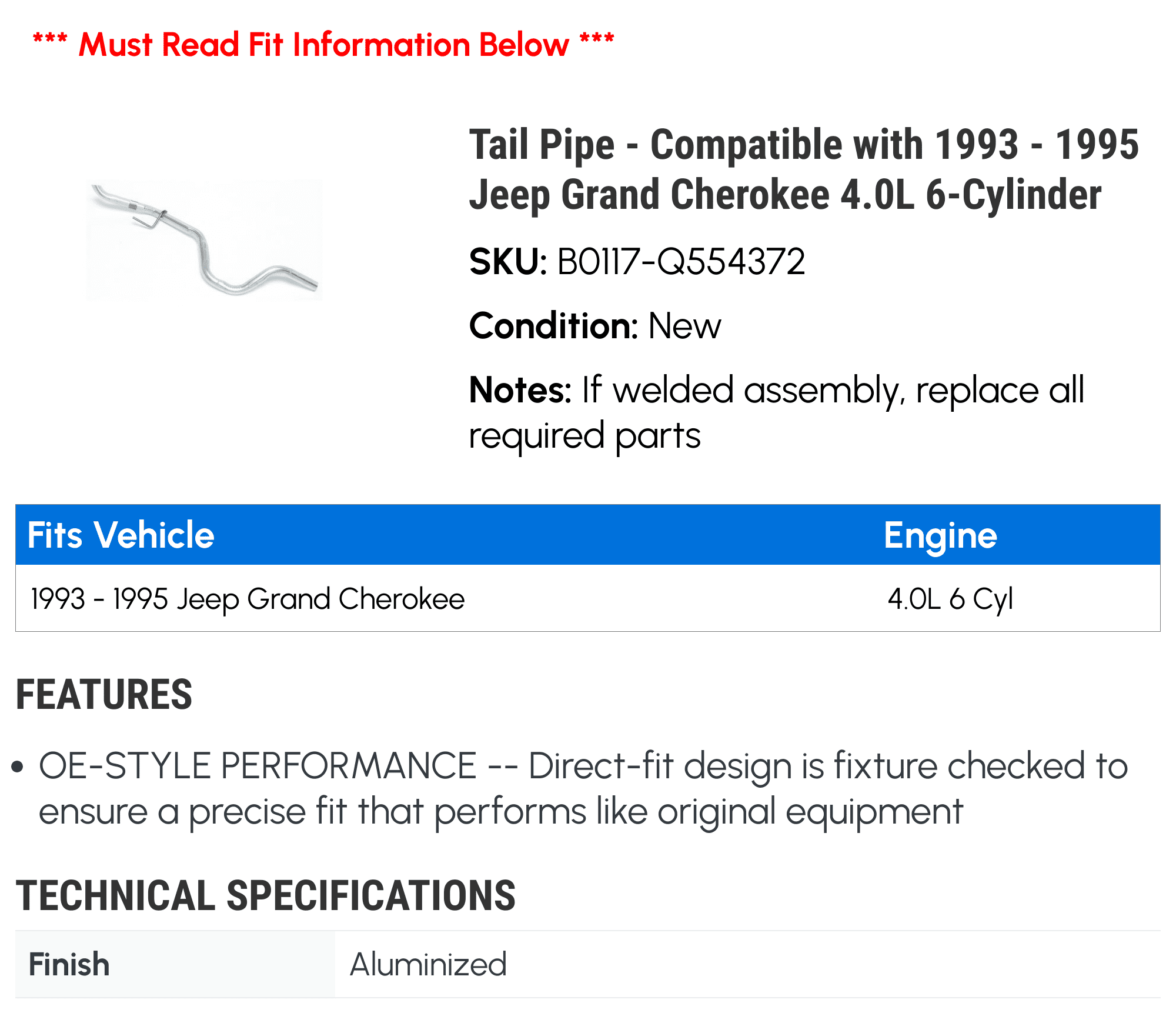 Tail Line - Compatible with 1993 - 1995 Jeep Grand Cherokee 4.0L 6-Cylinder 1994