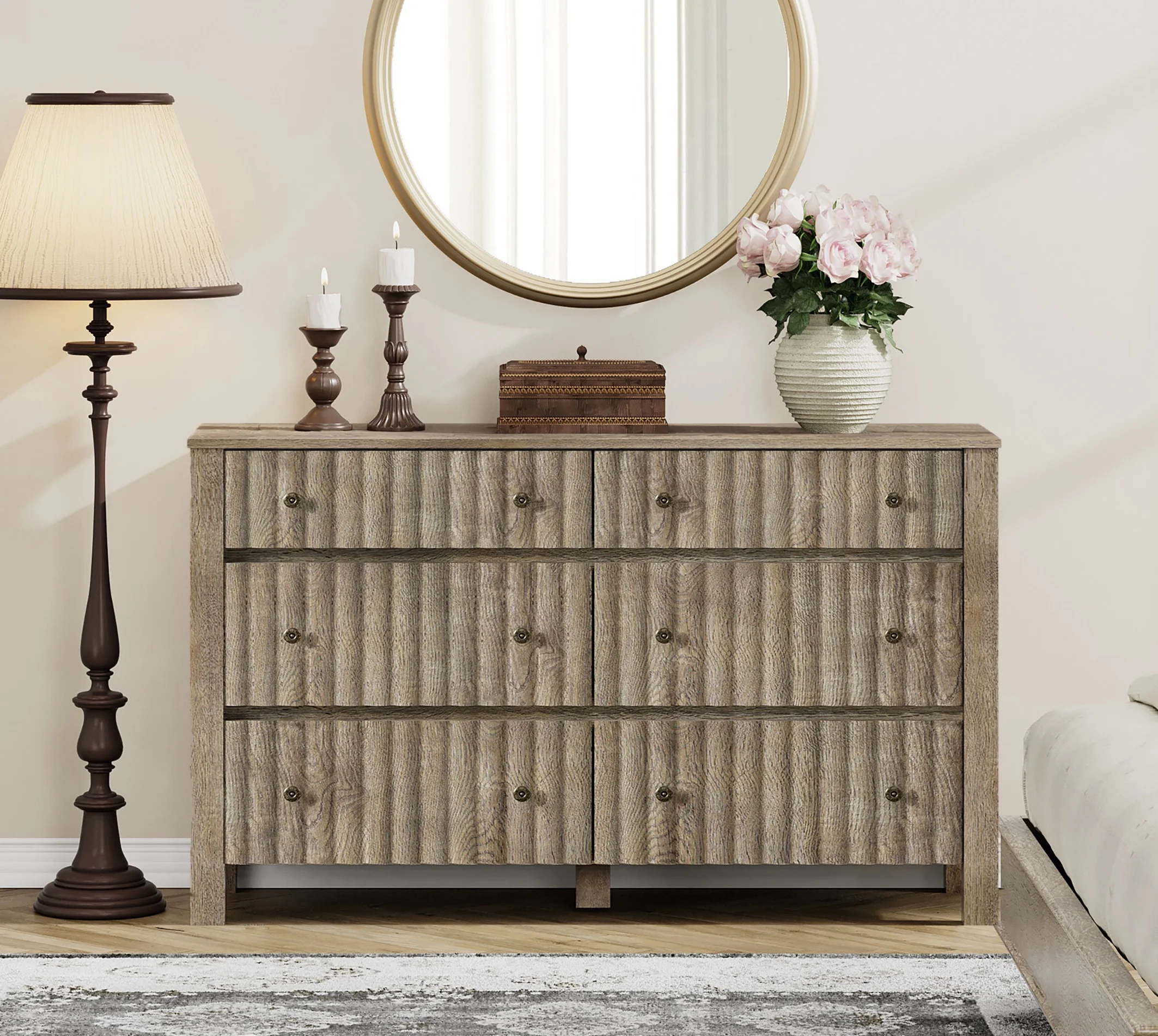 WAMPAT 6 Drawers Dresser for Bedroom，Modern Chests & Dressers Storage Cabinet, Nursery Dresser for Bedroom, Wooden Double Dresser for Living Room，Hallway,Vintage Grey