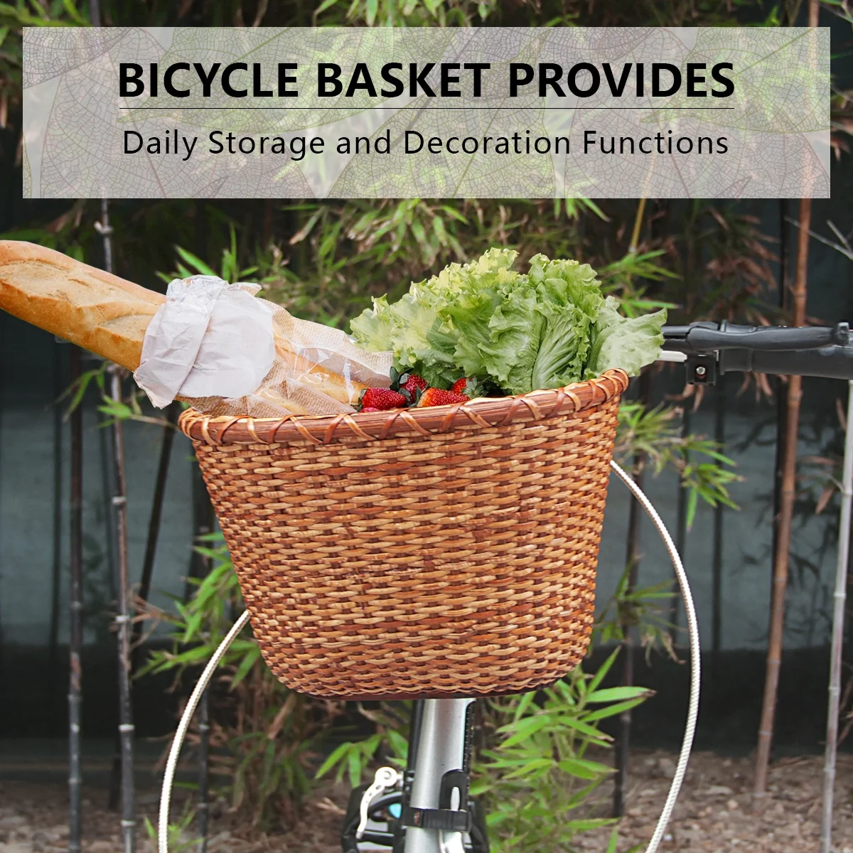 Livoccur Handmade Woven Rattan Bicycle Basket with Adjustable Leather Straps, Retro Style Front Bike Basket, Large