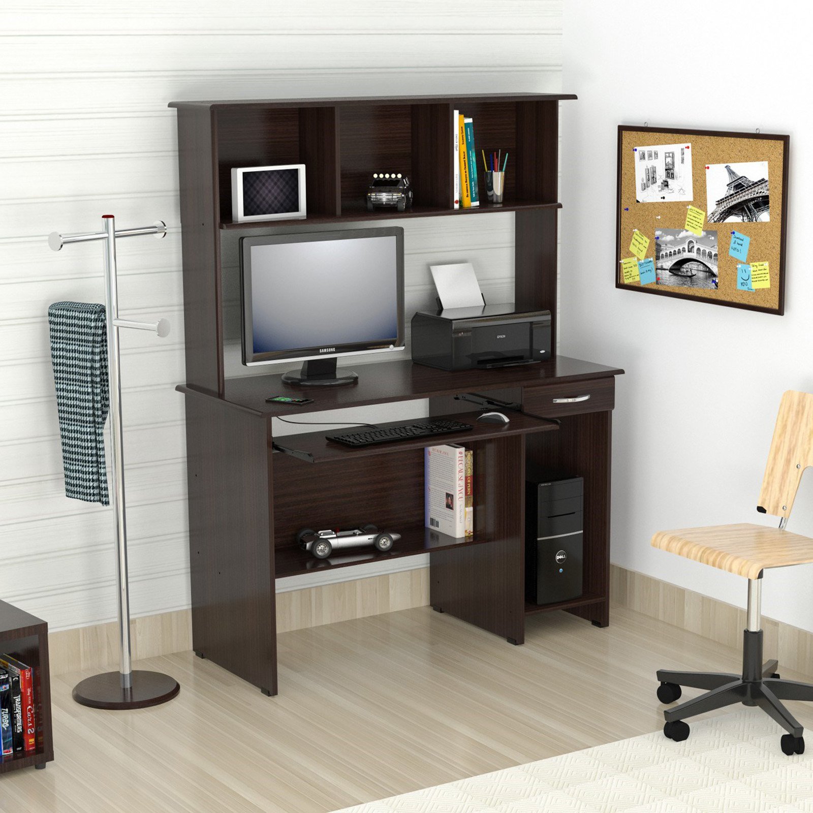 Inval Traditional Laminate Computer Desk and Hutch with Storage in Espresso