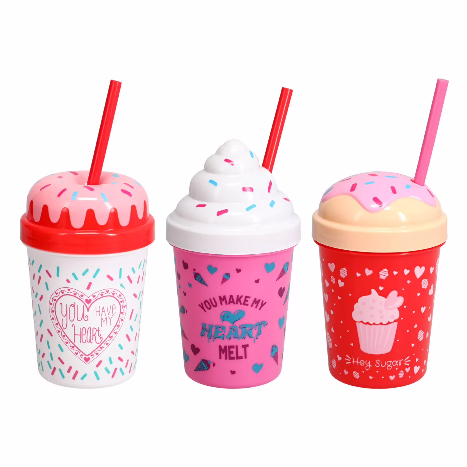 CGT Valentine's Day Dessert-Shaped Plastic Sipper Tumblers with Lid and Straws Cup Party Favor Gift Safe for Kids V-Day On-The-Go Travel Mugs Reusable Drinkware 16 oz. (Set of 3)