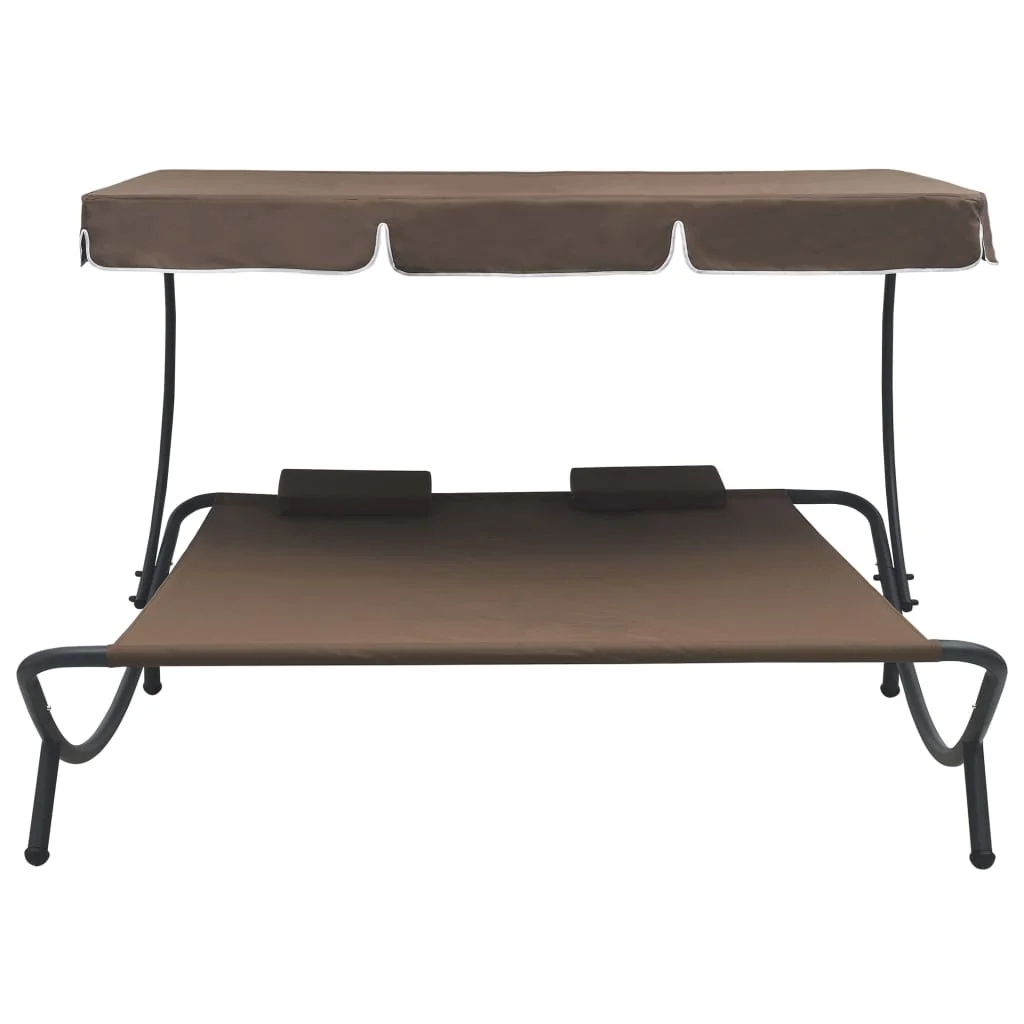 Anself Outdoor Lounge Bed with Canopy and Pillows Patio Daybed Fabric Steel Frame Sun Bed Brown for Patio, Garden, Backyard, Poolside, Balcony 78.7 x 68.1 x 53.1 Inches (L x W x H)