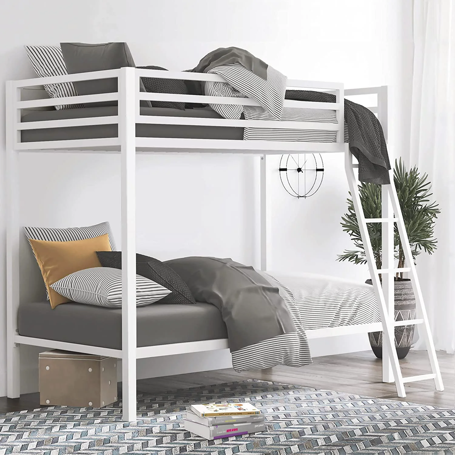 SHA CERLIN Twin Over Twin Metal Bunk Bed for Juniors, Industrial, Frame with Inclined Stairs & Full-Length Guardrail, Space-Saving, Easy for Climbing & Assembling, White