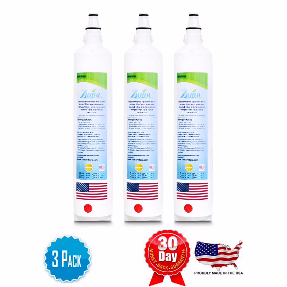 ZUMA Brand , Water Filters , Model # ZWFZ1-RF750 , Compatible with Subzero® BI30USTHLH - 3 Pack - Made in U.S.A.