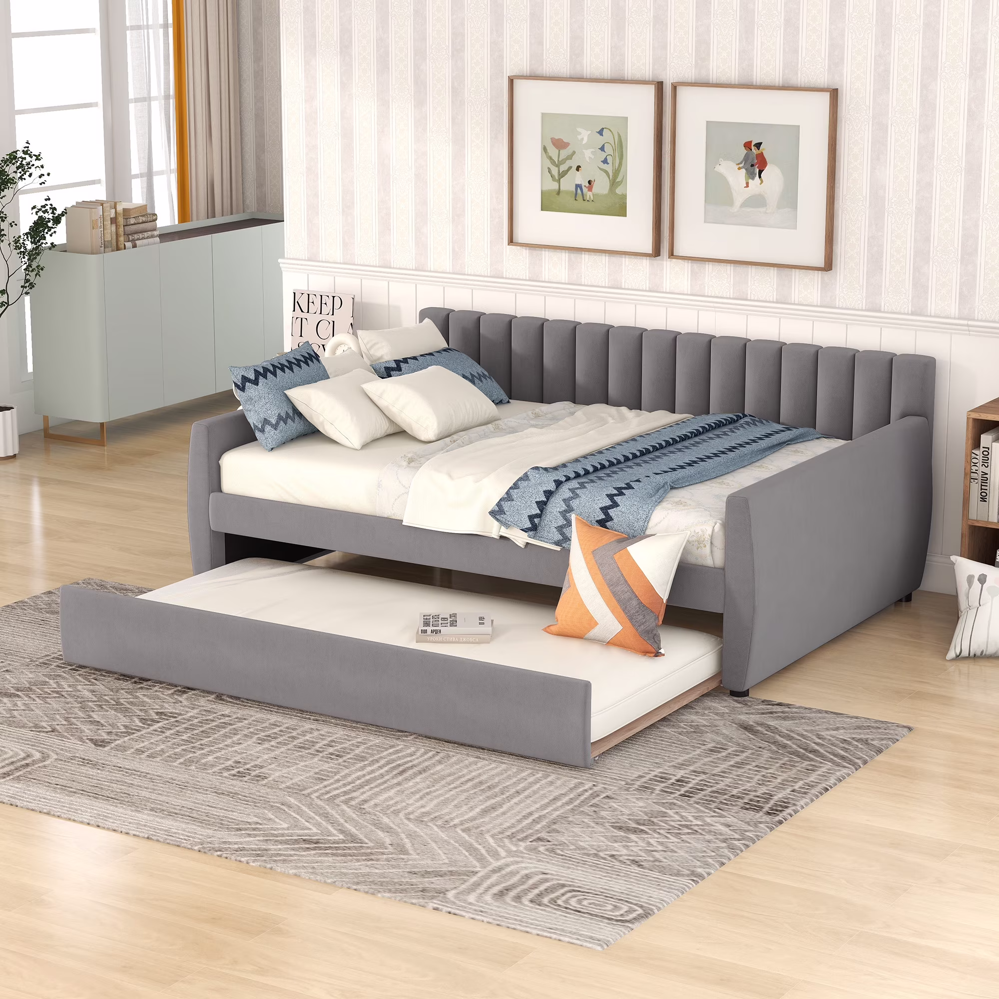 Momspeace Full Size Upholstered Daybed with 2 Drawers for Bedroom Living Room Daybed Frame No Box Springs Need - Gray