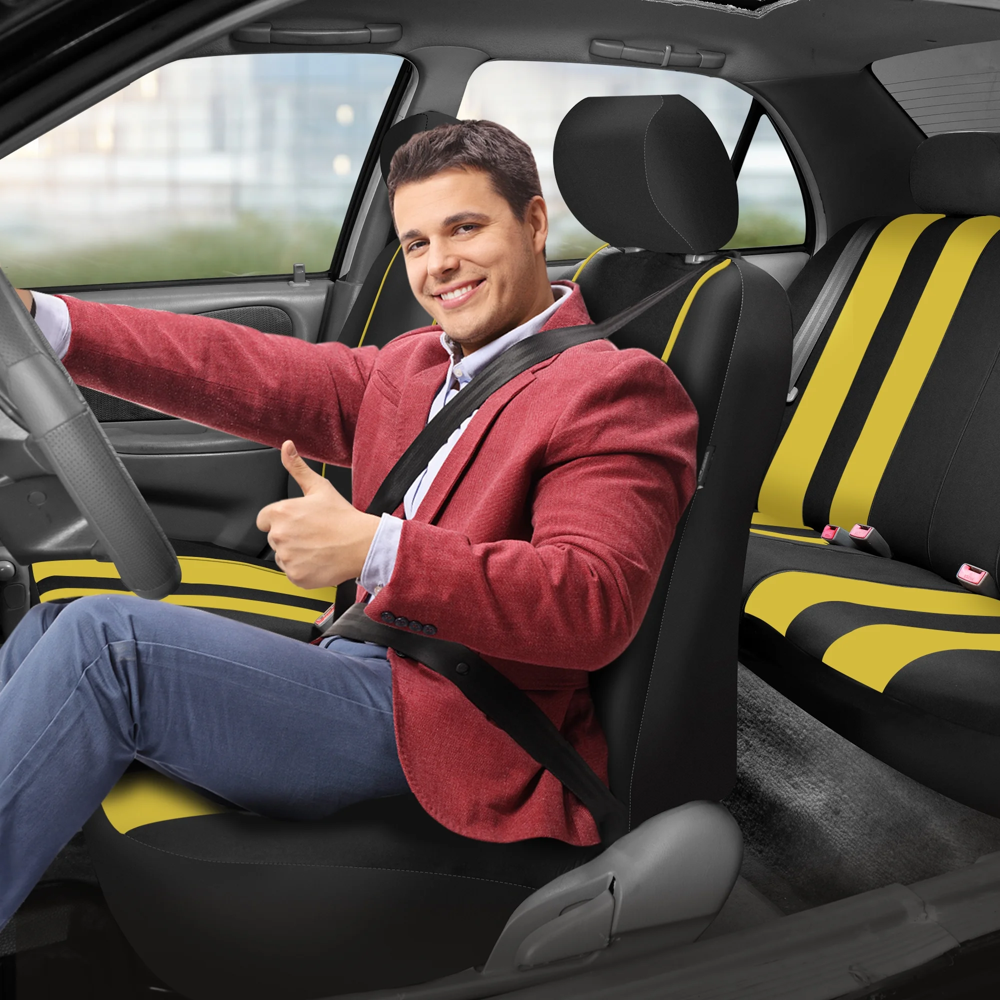 FH Group Car Seat Covers Striking Striped for Sedan, SUV, Van, Full Set w/ Steering Cover & Belt Pads, Yellow Black