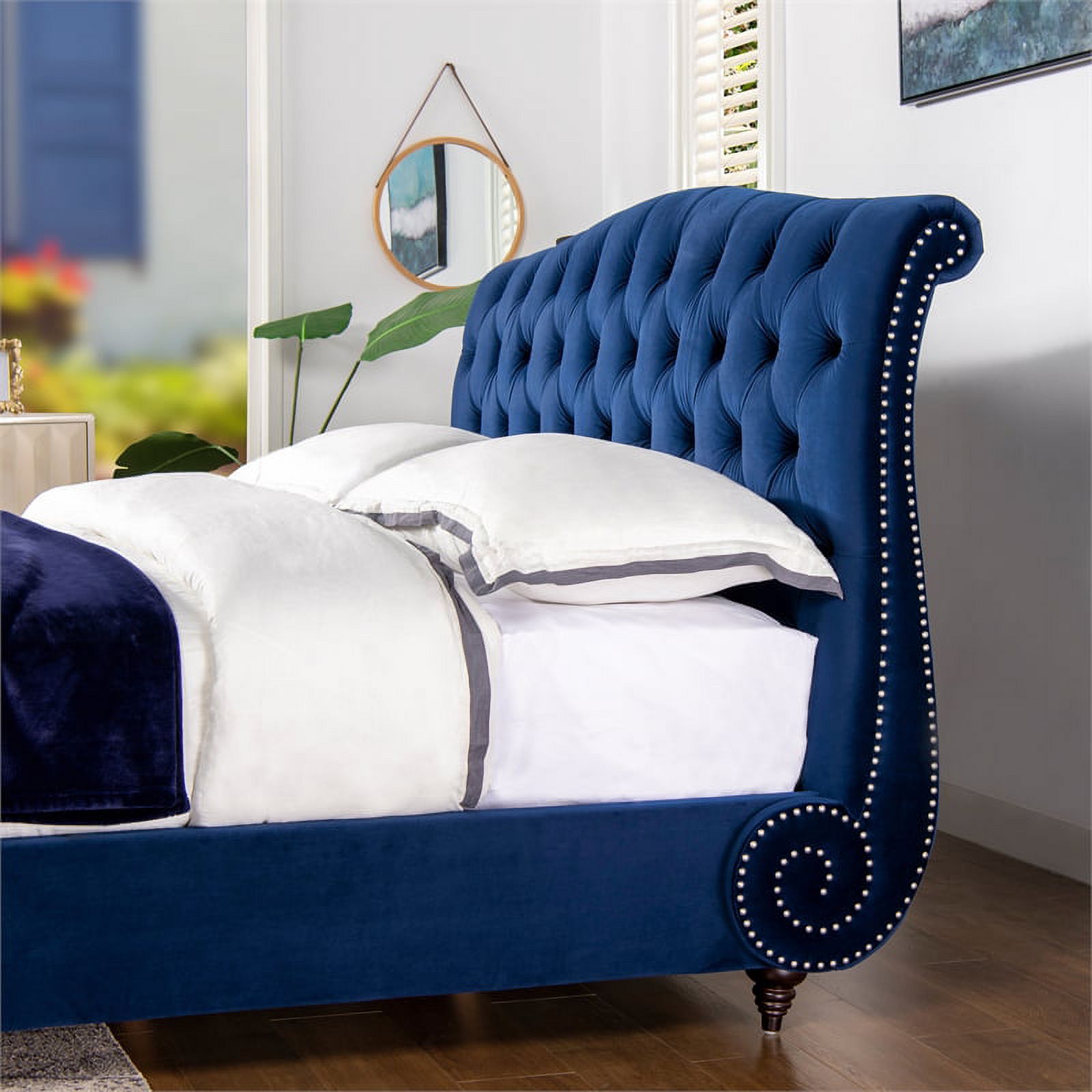 Maklaine King Bed Frame with Headboard & Footboard Navy Blue Velvet