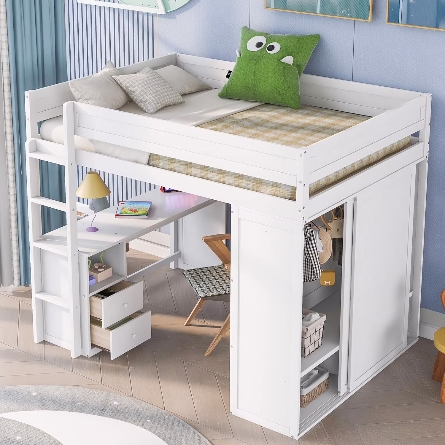 Full Size Loft Bed With Wardrobes Ad Desk, Solid Wood Loft Bed Frame With 2 Storage Drawers Cabiet, For Kids Tees Adults (White)