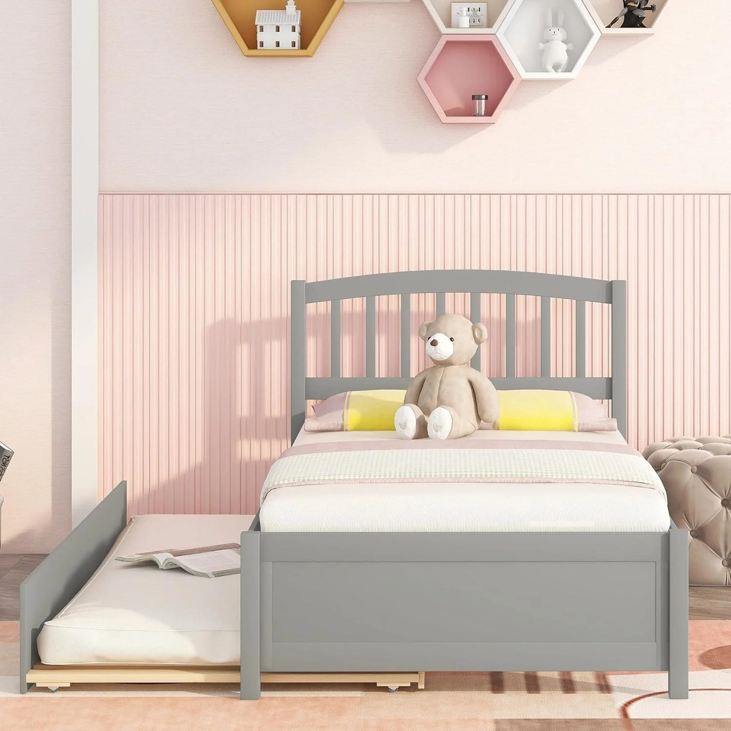 Bed Frame With Trundle, Bed Frame With Headboard, Wood Platform Bed With Pull Out Trundle For Kids, Guest Room,No Box Spring Needed,Gray